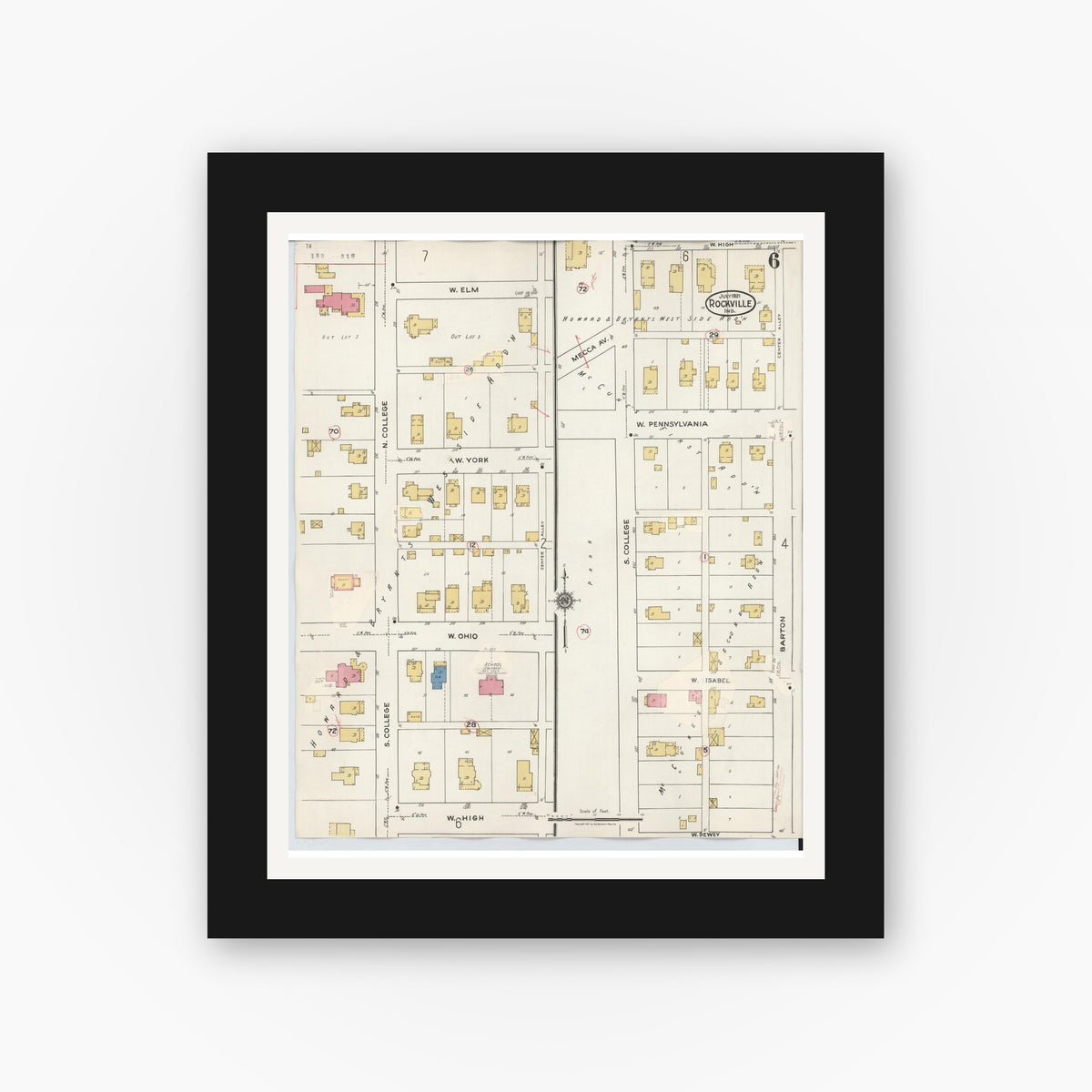 Old map wall art mockup — black gallery frame with white mat — Sanborn Fire Insurance Map from Rockville, Parke County, Indiana (1932), Sheet #0006