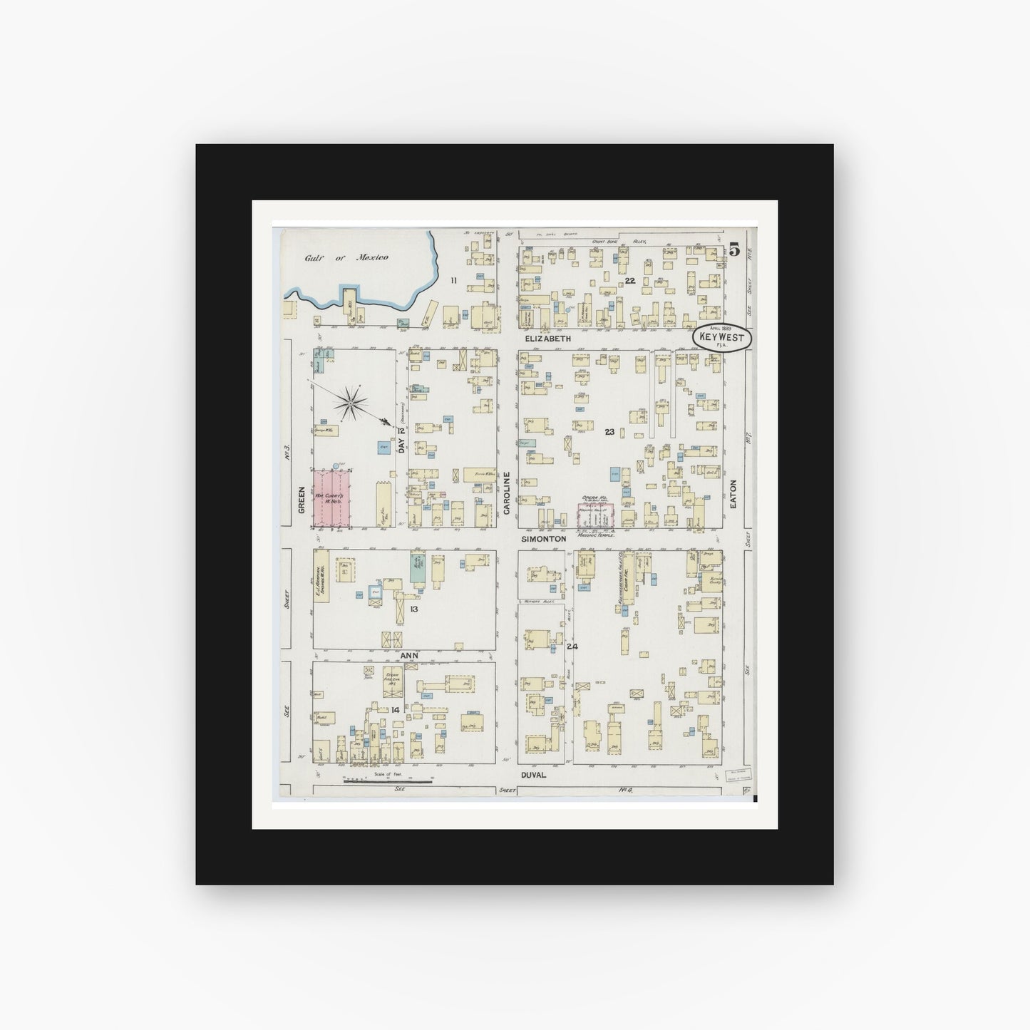 Old map wall art mockup — black gallery frame with white mat — Sanborn Fire Insurance Map from Key West, Monroe County, Florida (1889), Sheet #0005