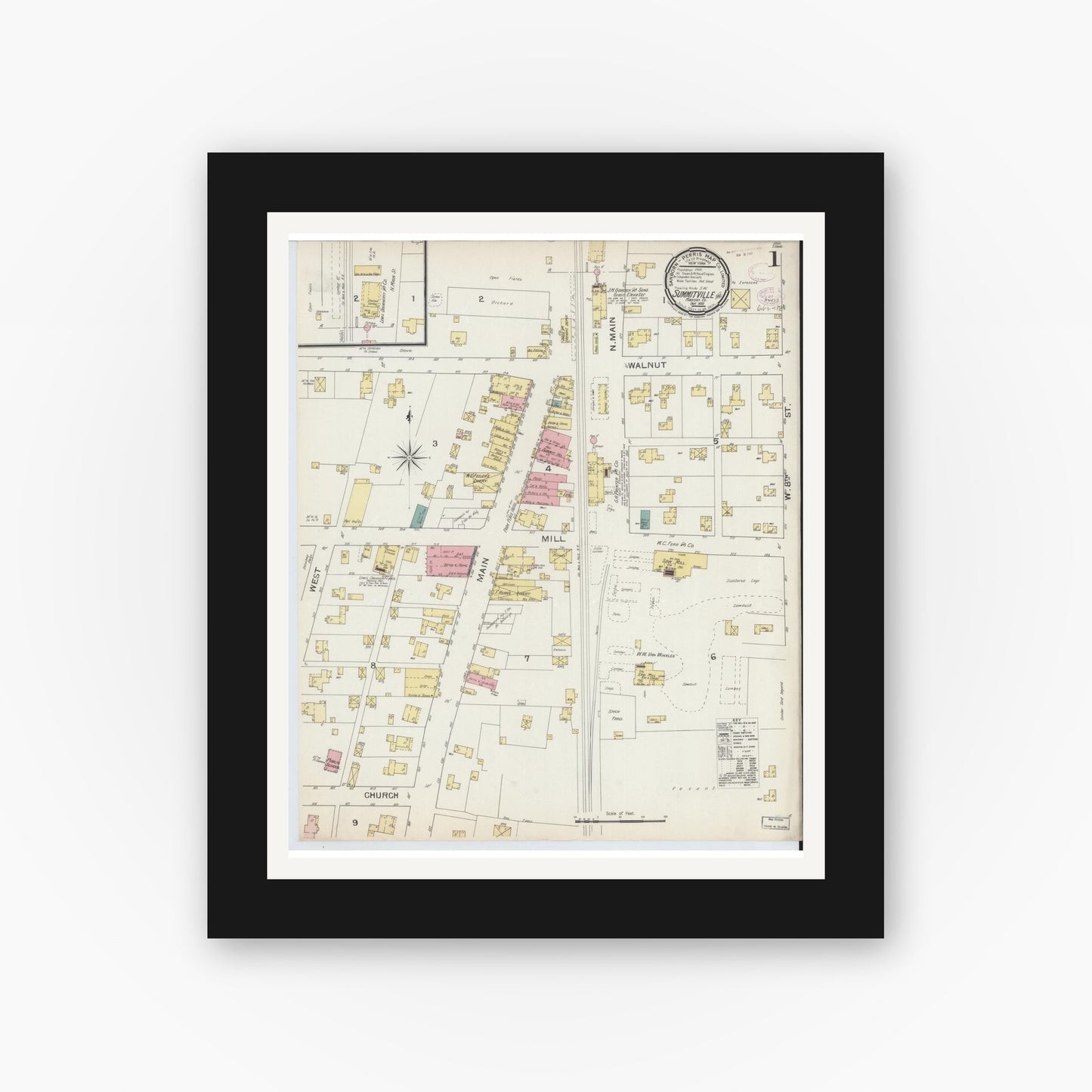 Old map wall art mockup — black gallery frame with white mat — Sanborn Fire Insurance Map from Summitville, Madison County, Indiana (1893) - Complete Map Set