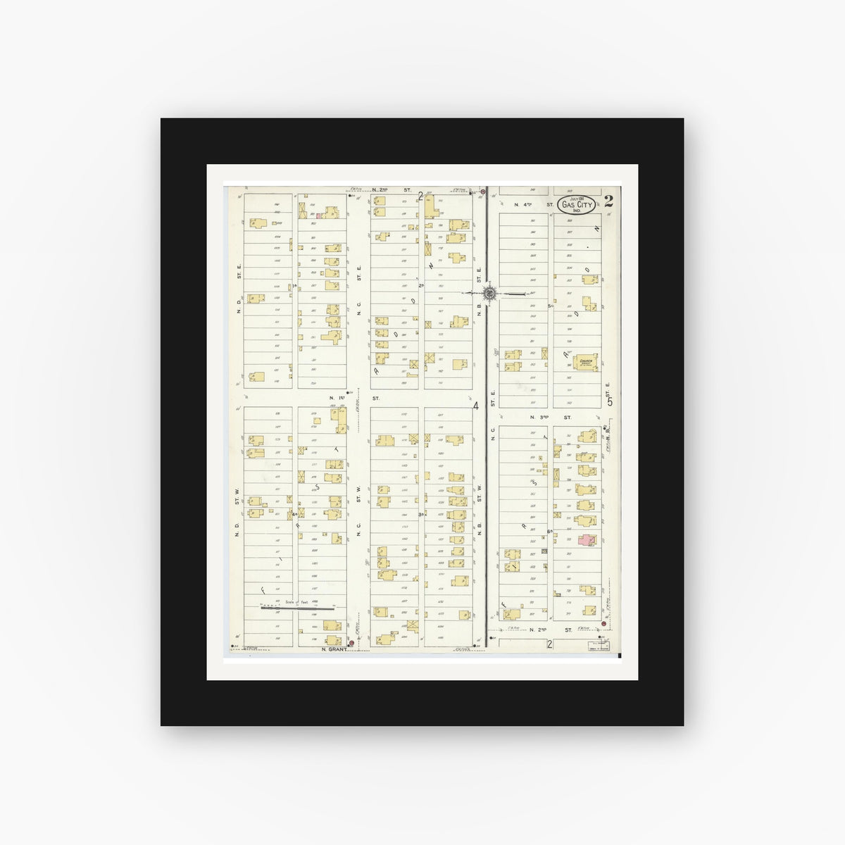 Old map wall art mockup — black gallery frame with white mat — Sanborn Fire Insurance Map from Gas City, Grant County, Indiana (1911), Sheet #0002