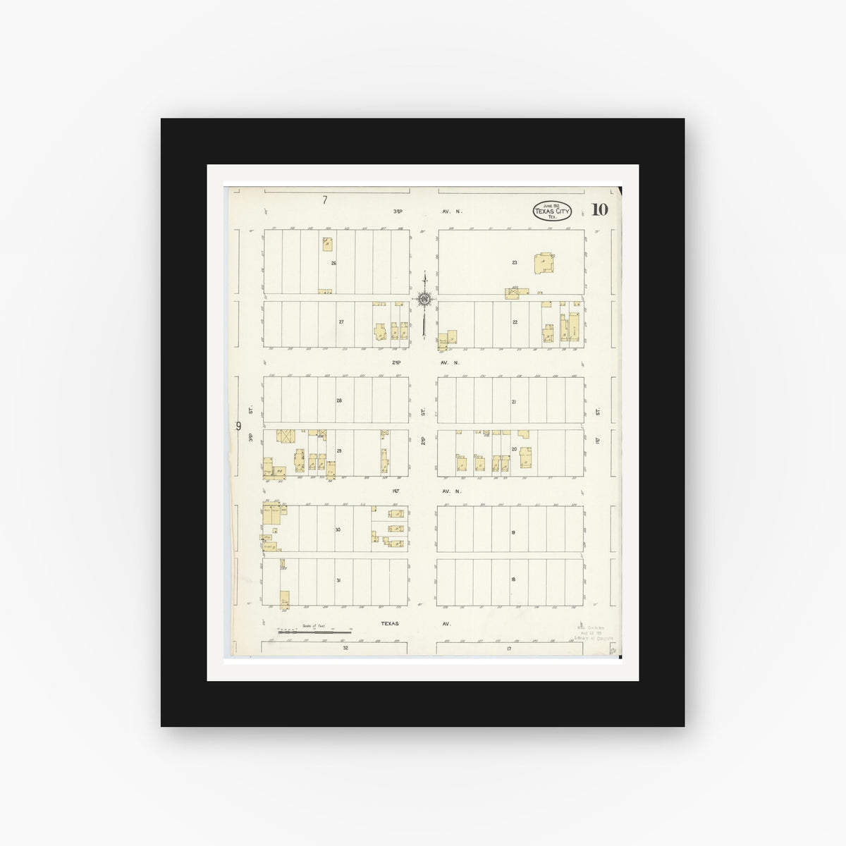 Old map wall art mockup — black gallery frame with white mat — Sanborn Fire Insurance Map from Texas City, Galveston County, Texas (1912), Sheet #0010