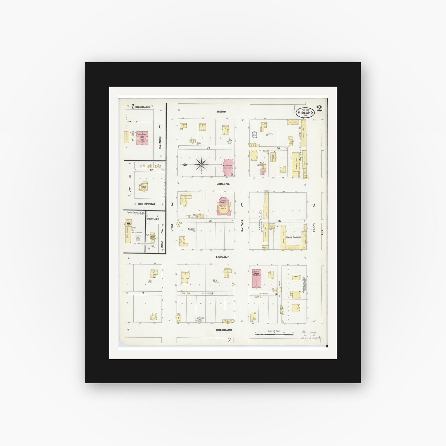 Old map wall art mockup — black gallery frame with white mat — Sanborn Fire Insurance Map from Midland, Midland County, Texas (1909), Sheet #0002