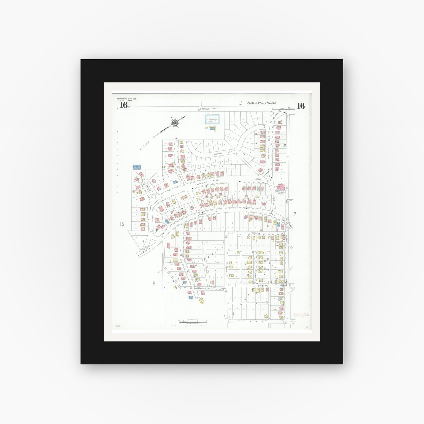 Old map wall art mockup — black gallery frame with white mat — Sanborn Fire Insurance Map from Jefferson City, Cole County, Missouri (1939), Sheet #0016