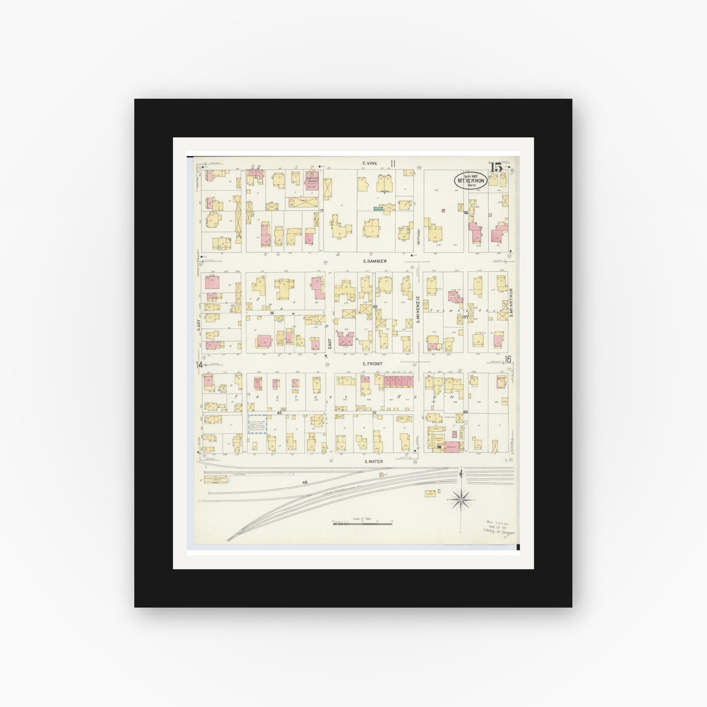 Old map wall art mockup — black gallery frame with white mat — Sanborn Fire Insurance Map from Mount Vernon, Knox County, Ohio (1907), Sheet #0015