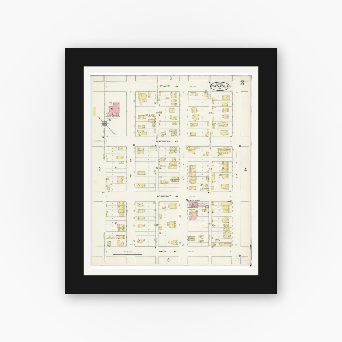 Old map wall art mockup — black gallery frame with white mat — Sanborn Fire Insurance Map from Port Arthur, Jefferson County, Texas (1915), Sheet #0003