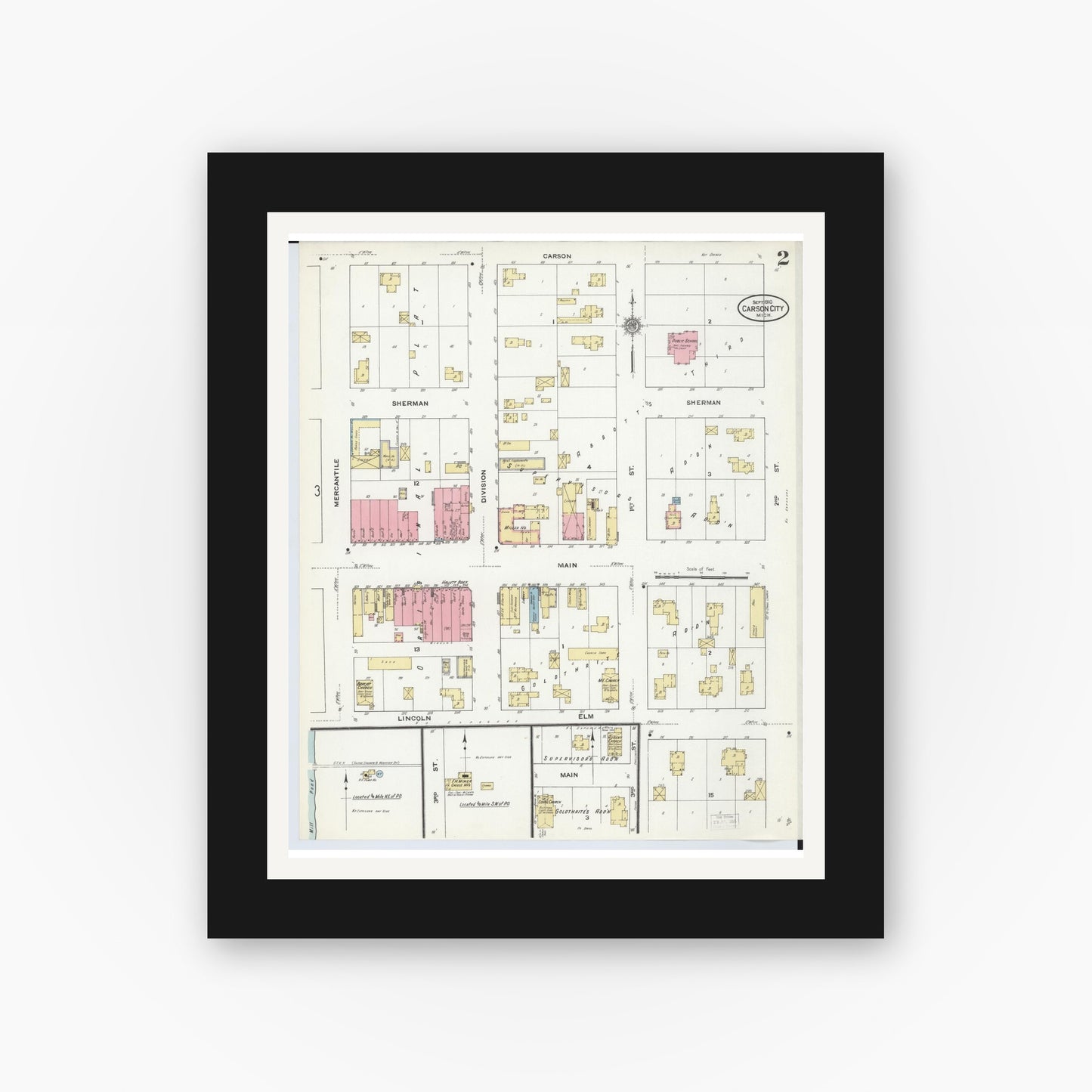 Old map wall art mockup — black gallery frame with white mat — Sanborn Fire Insurance Map from Carson City, Montcalm County, Michigan (1910), Sheet #0002
