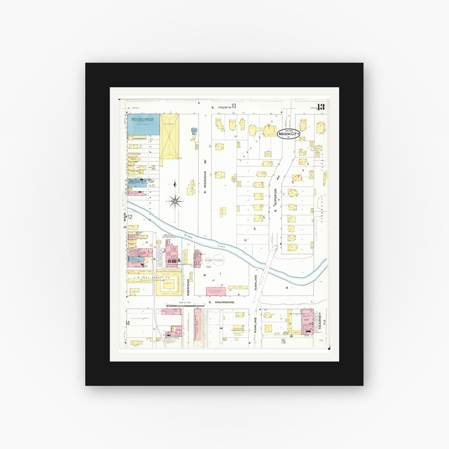 Old map wall art mockup — black gallery frame with white mat — Sanborn Fire Insurance Map from Mason City, Cerro Gordo County, Iowa (1909), Sheet #0013