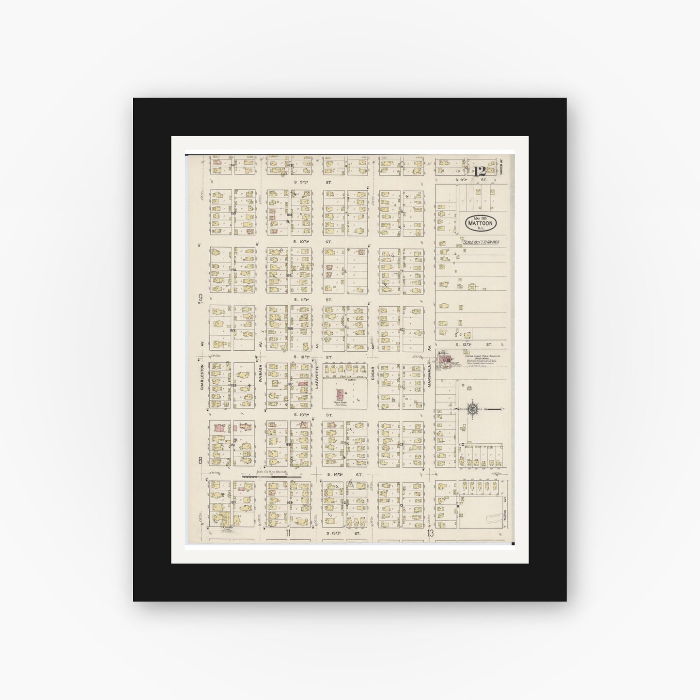Old map wall art mockup — black gallery frame with white mat — Sanborn Fire Insurance Map from Mattoon, Coles County, Illinois (1915), Sheet #0012