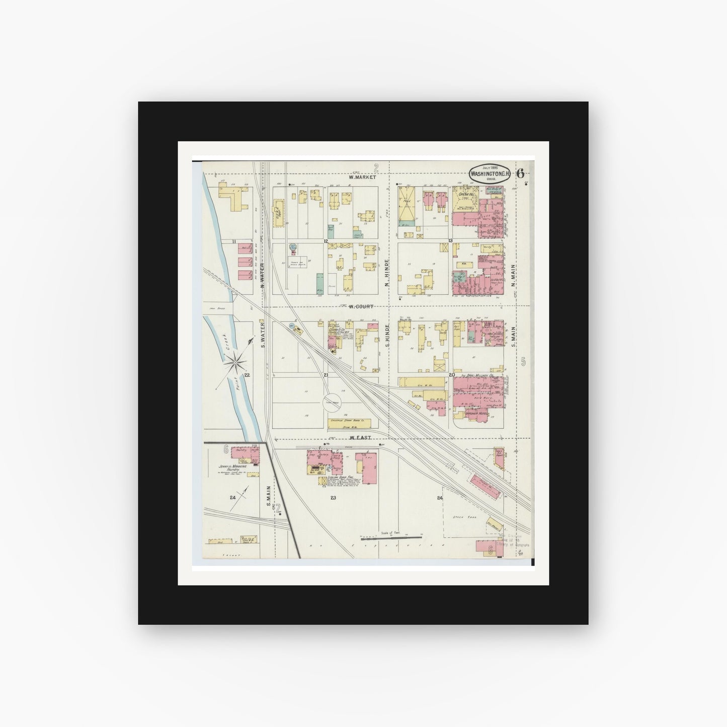 Old map wall art mockup — black gallery frame with white mat — Sanborn Fire Insurance Map from Washington Court House, Fayette County, Ohio (1895), Sheet #0006