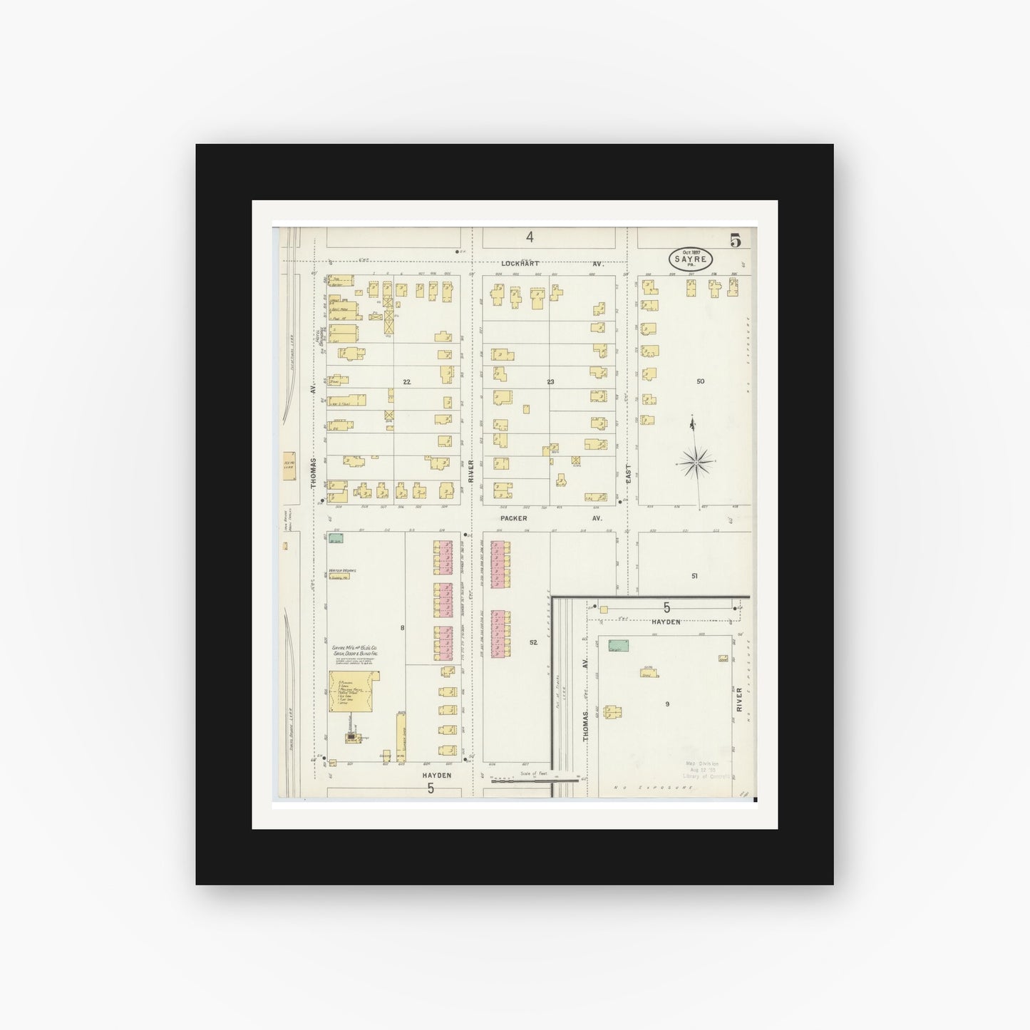 Old map wall art mockup — black gallery frame with white mat — Sanborn Fire Insurance Map from Sayre, Bradford County, Pennsylvania (1897), Sheet #0005