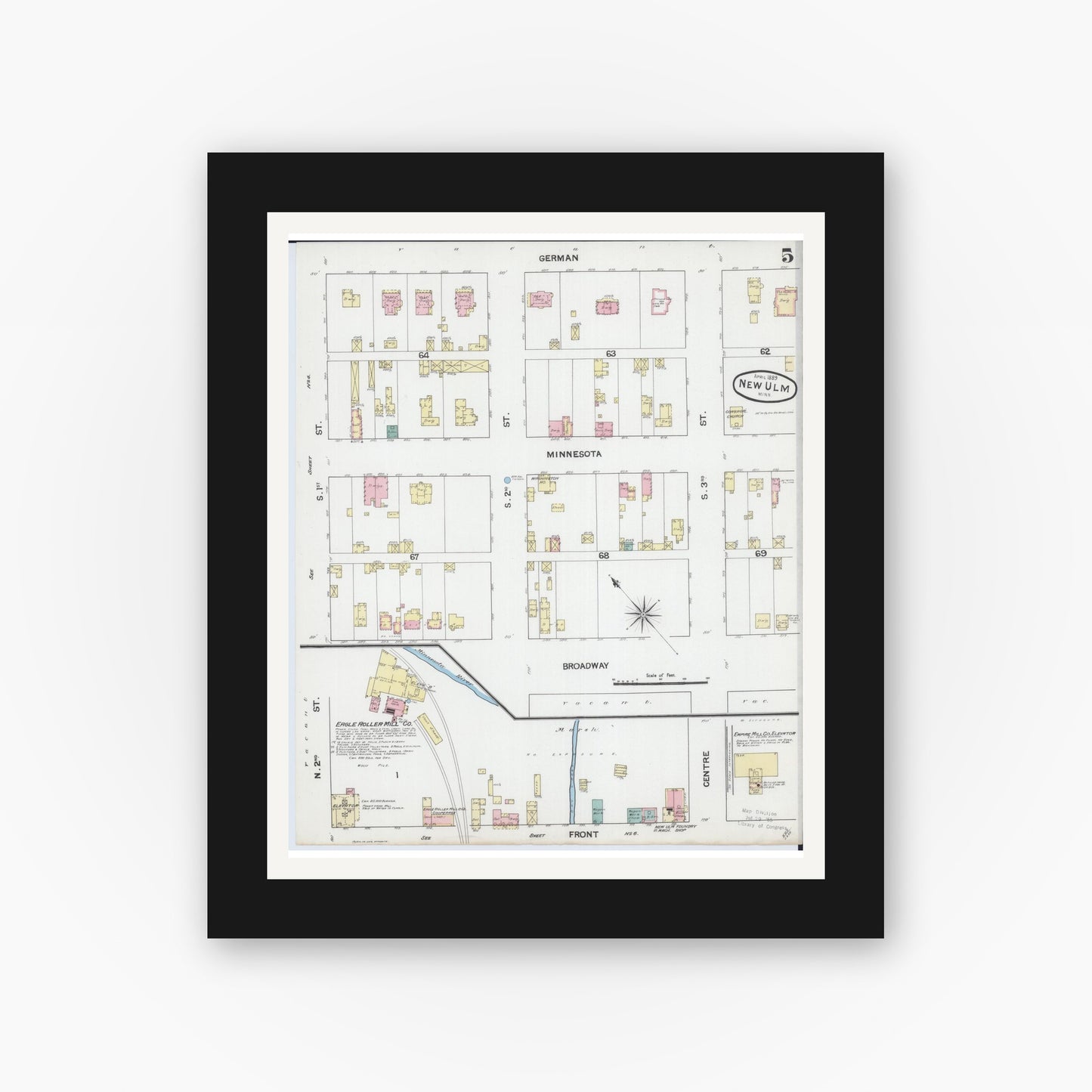 Old map wall art mockup — black gallery frame with white mat — Sanborn Fire Insurance Map from New Ulm, Brown County, Minnesota (1889), Sheet #0005