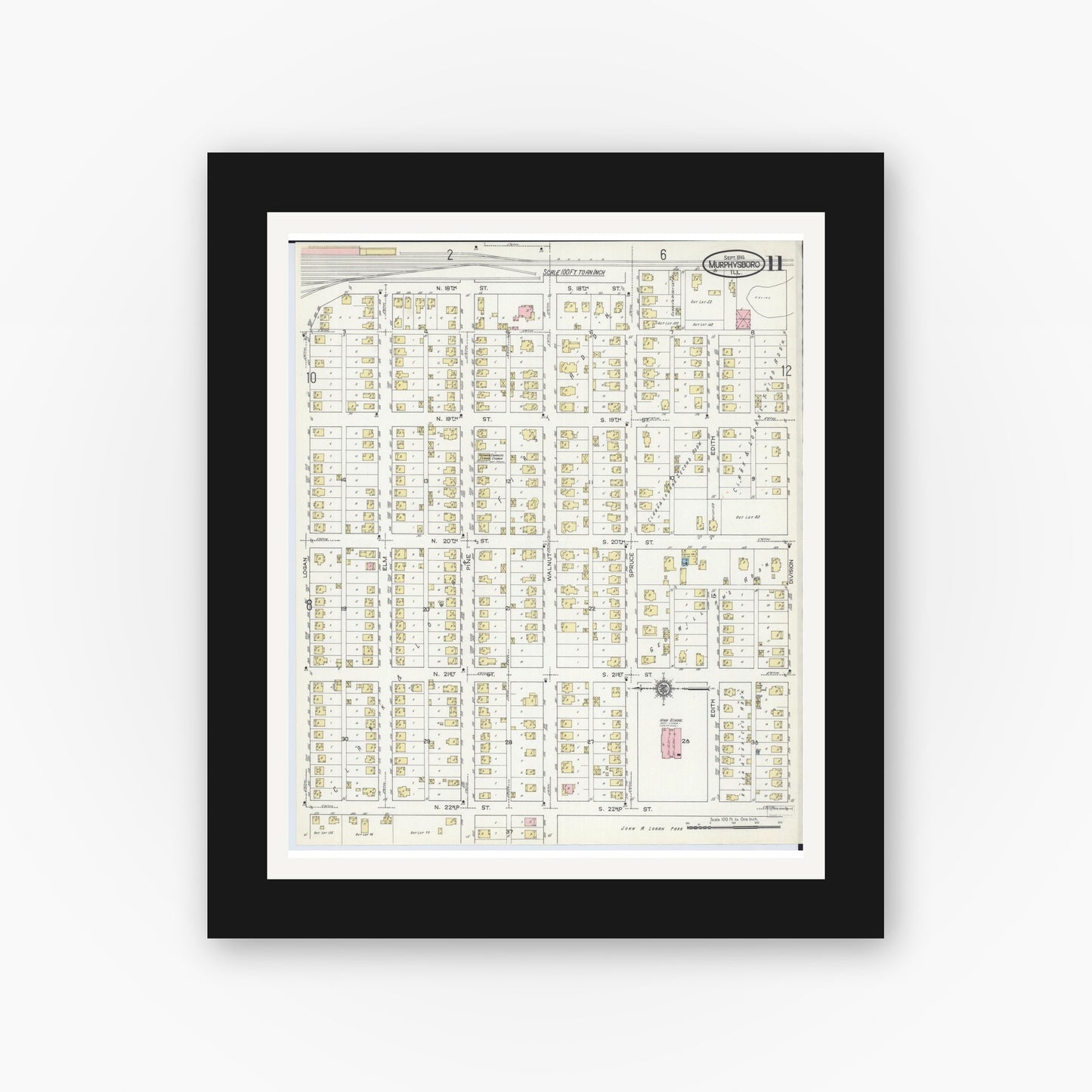 Old map wall art mockup — black gallery frame with white mat — Sanborn Fire Insurance Map from Murphysboro, Jackson County, Illinois (1914), Sheet #0011
