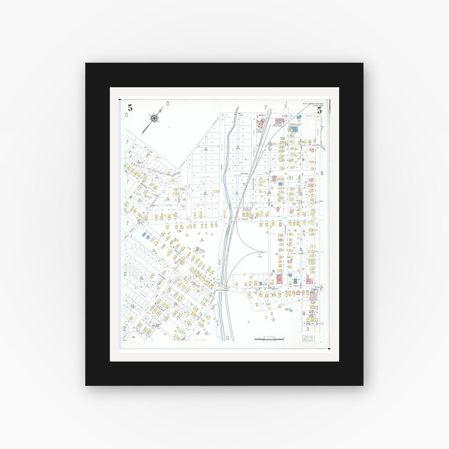 Old map wall art mockup — black gallery frame with white mat — Sanborn Fire Insurance Map from New Lexington, Perry County, Ohio (1950), Sheet #0005