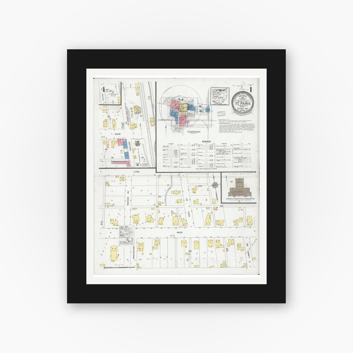 Old map wall art mockup — black gallery frame with white mat — Sanborn Fire Insurance Map from Saint Paris, Champaign County, Ohio (1927) - Complete Map Set