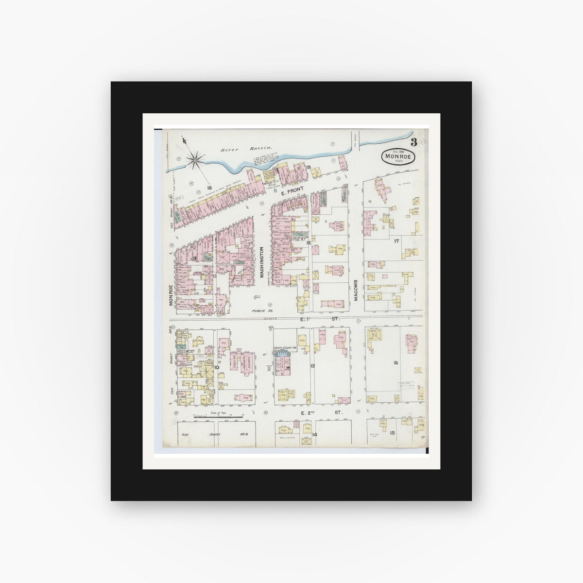 Old map wall art mockup — black gallery frame with white mat — Sanborn Fire Insurance Map from Monroe, Monroe County, Michigan (1888), Sheet #0003