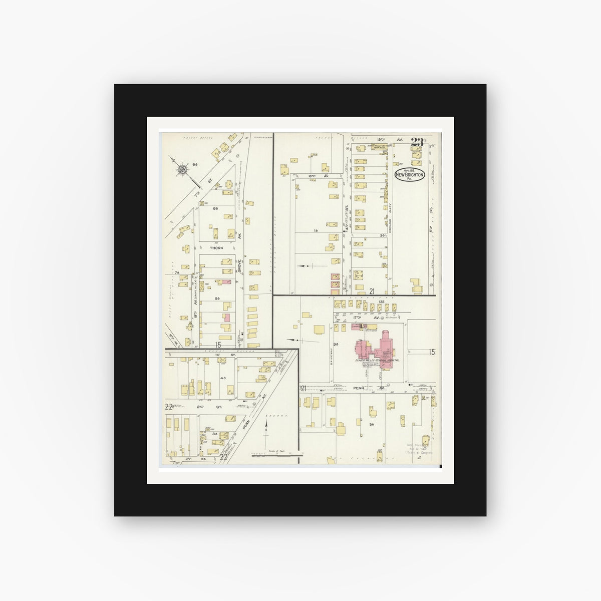 Old map wall art mockup — black gallery frame with white mat — Sanborn Fire Insurance Map from New Brighton, Beaver County, Pennsylvania (1913), Sheet #0023