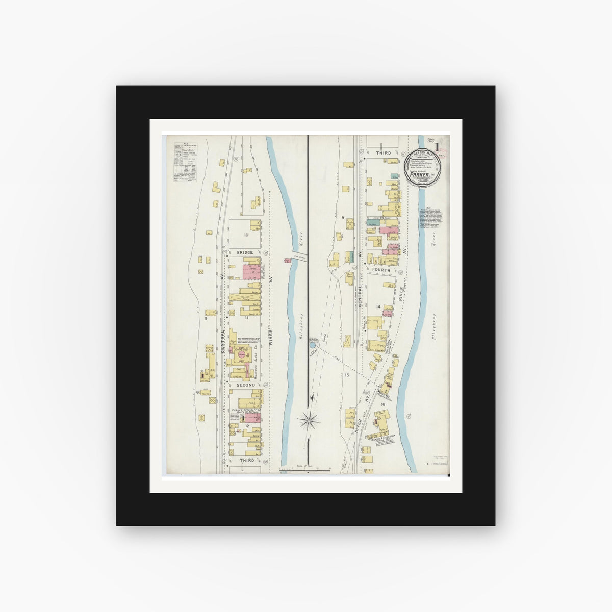 Old map wall art mockup β black gallery frame with white mat β Sanborn Fire Insurance Map from Parkers Landing, Armstrong County, Pennsylvania (1894), Sheet #0001