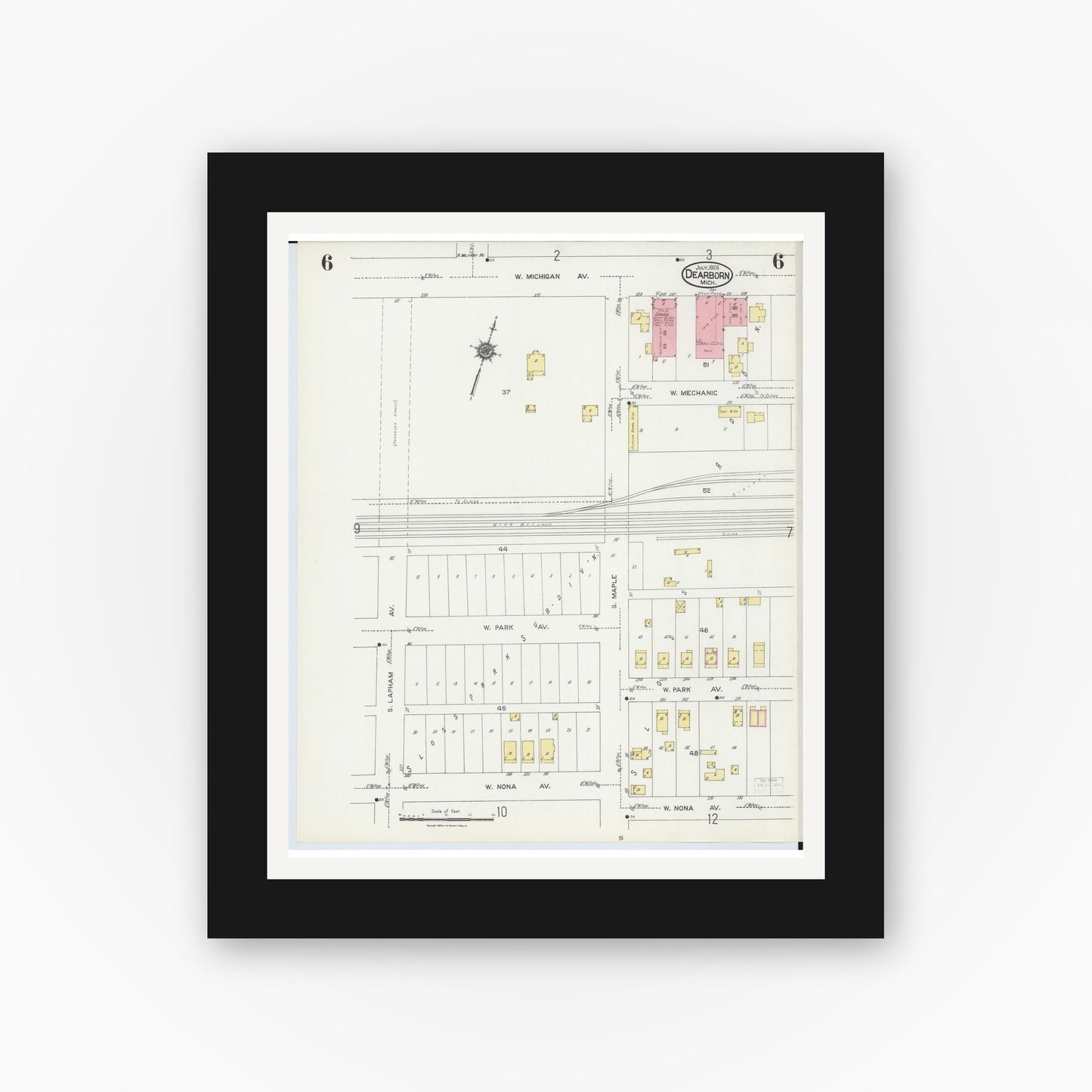 Old map wall art mockup — black gallery frame with white mat — Sanborn Fire Insurance Map from Dearborn, Wayne County, Michigan (1924), Sheet #0006