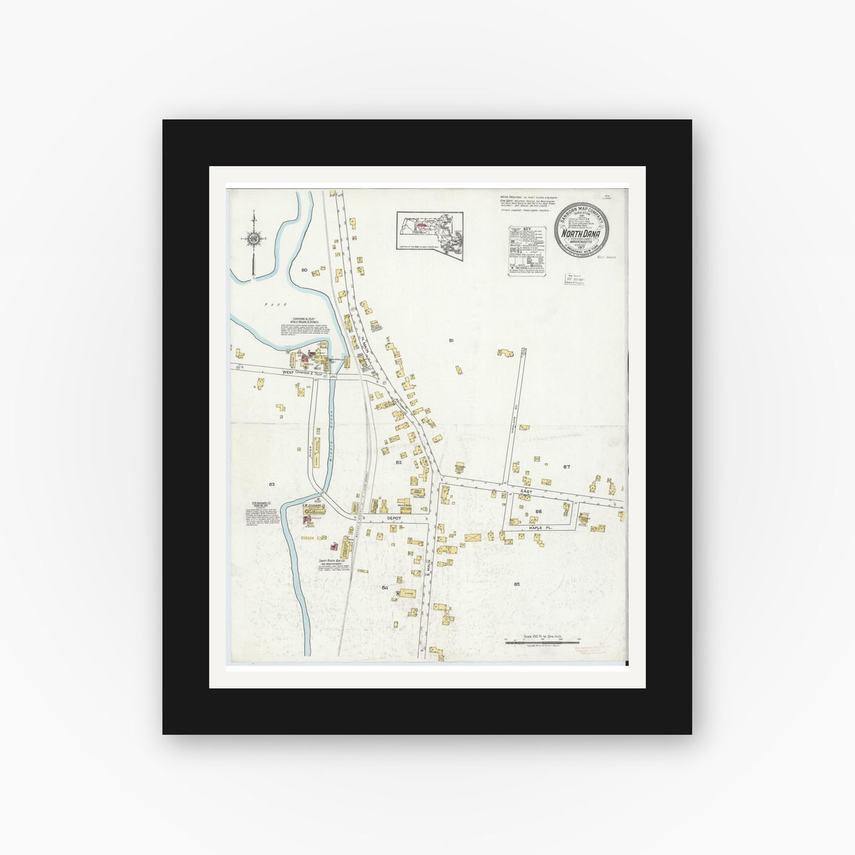 Old map wall art mockup — black gallery frame with white mat — Sanborn Fire Insurance Map from North Dana, Worcester County, Massachusetts (1917), Sheet #0001