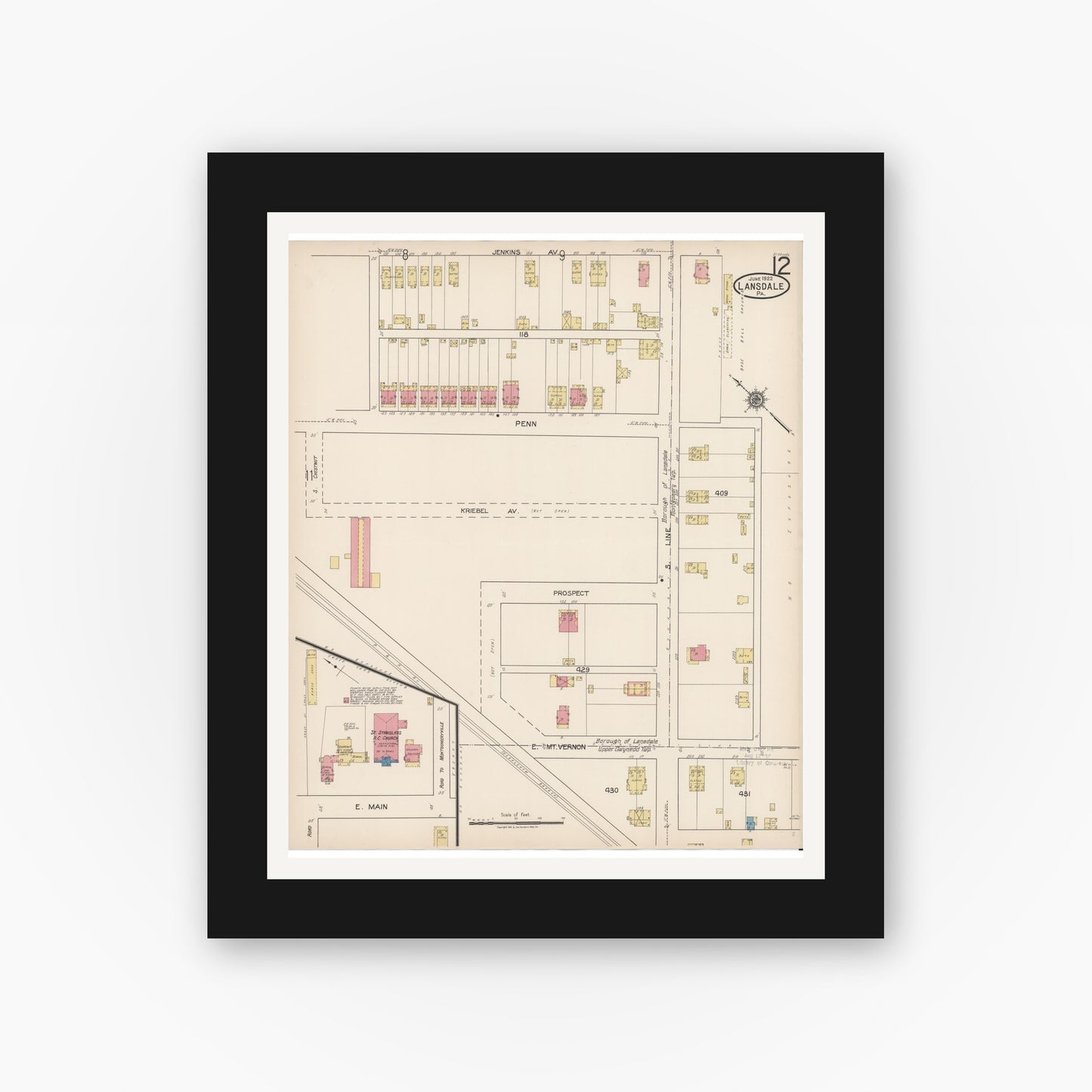 Old map wall art mockup — black gallery frame with white mat — Sanborn Fire Insurance Map from Lansdale, Montgomery County, Pennsylvania (1922), Sheet #0012