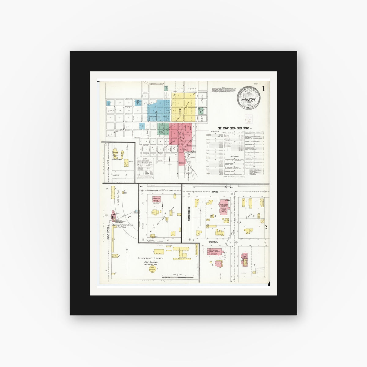 Old map wall art mockup — black gallery frame with white mat — Sanborn Fire Insurance Map from Waukon, Allamakee County, Iowa (1902) — Complete Set