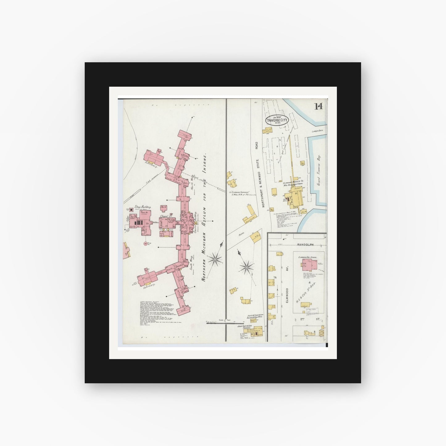 Old map wall art mockup — black gallery frame with white mat — Sanborn Fire Insurance Map from Traverse City, Grand Traverse County, Michigan (1899), Sheet #0014
