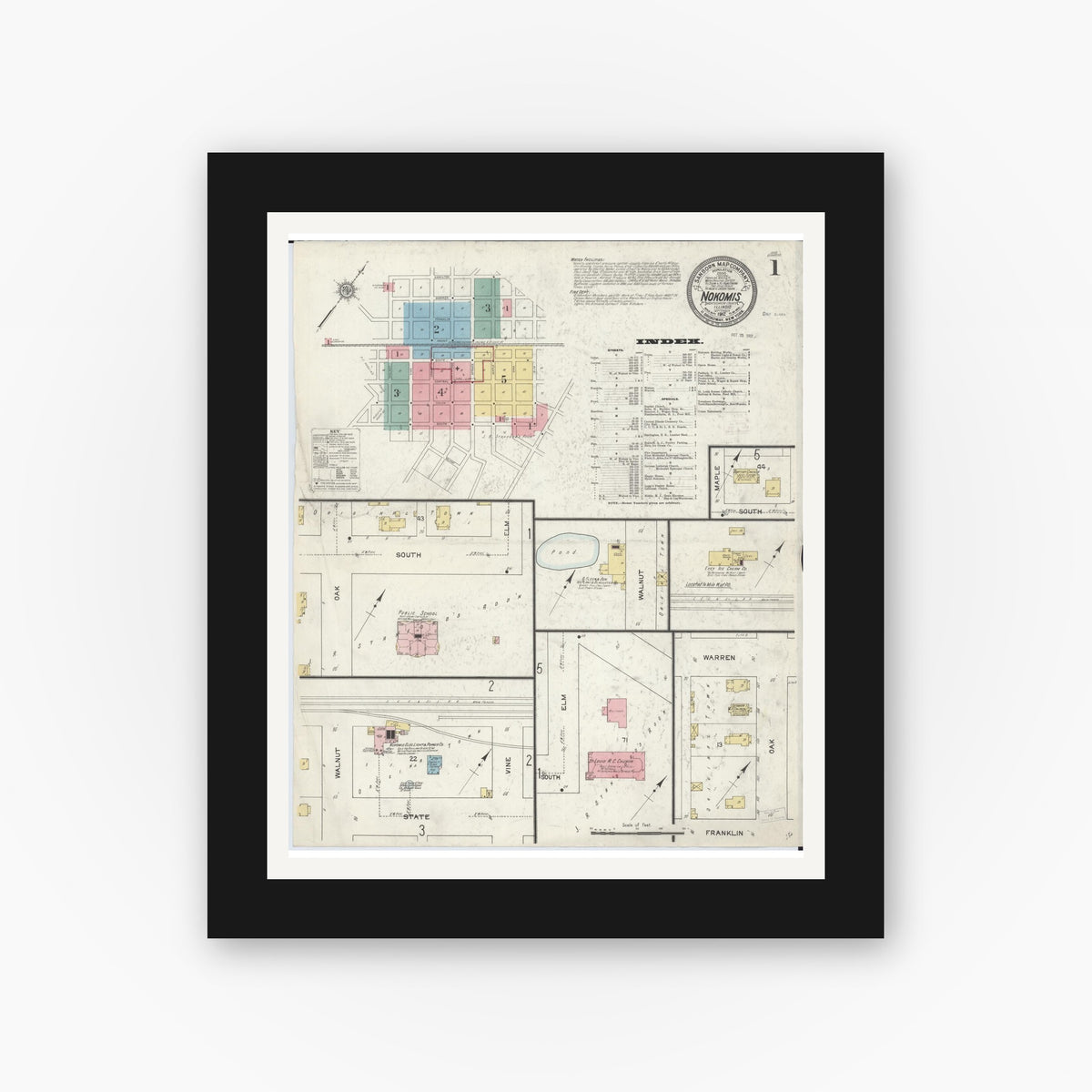 Old map wall art mockup — black gallery frame with white mat — Sanborn Fire Insurance Map from Nokomis, Montgomery County, Illinois (1912) - Complete Map Set