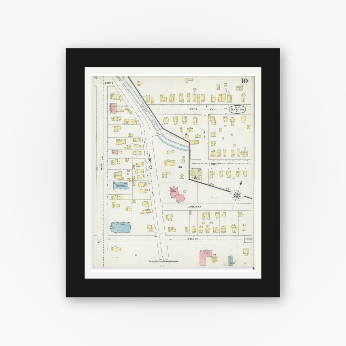 Old map wall art mockup — black gallery frame with white mat — Sanborn Fire Insurance Map from Oneida, Madison County, New York (1895), Sheet #0010