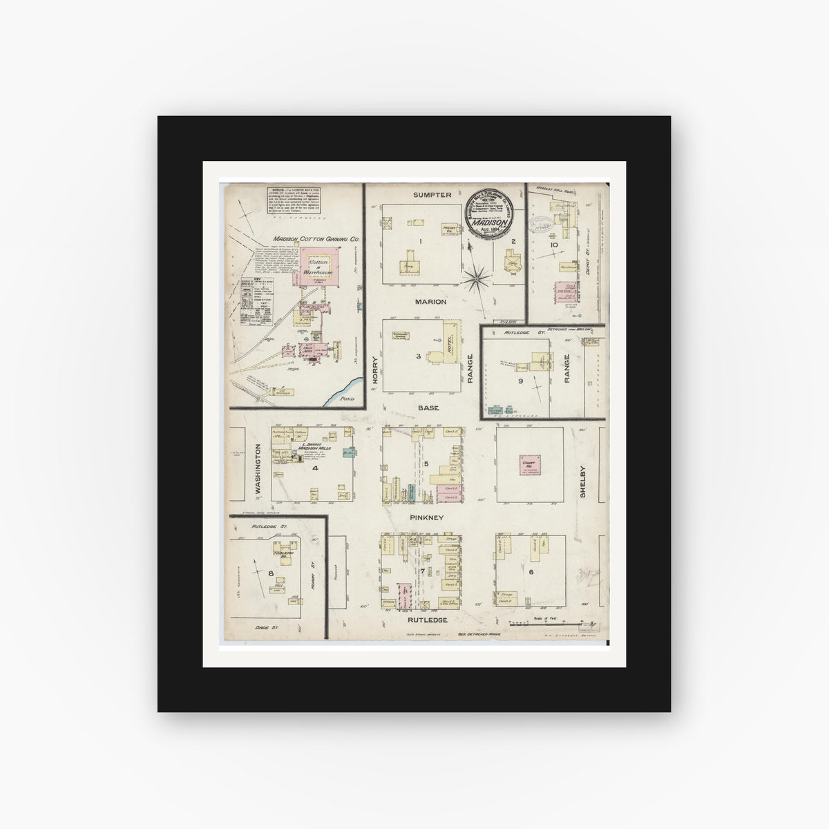 Old map wall art mockup — black gallery frame with white mat — Sanborn Fire Insurance Map from Madison, Madison County, Florida (1884), Sheet #0001