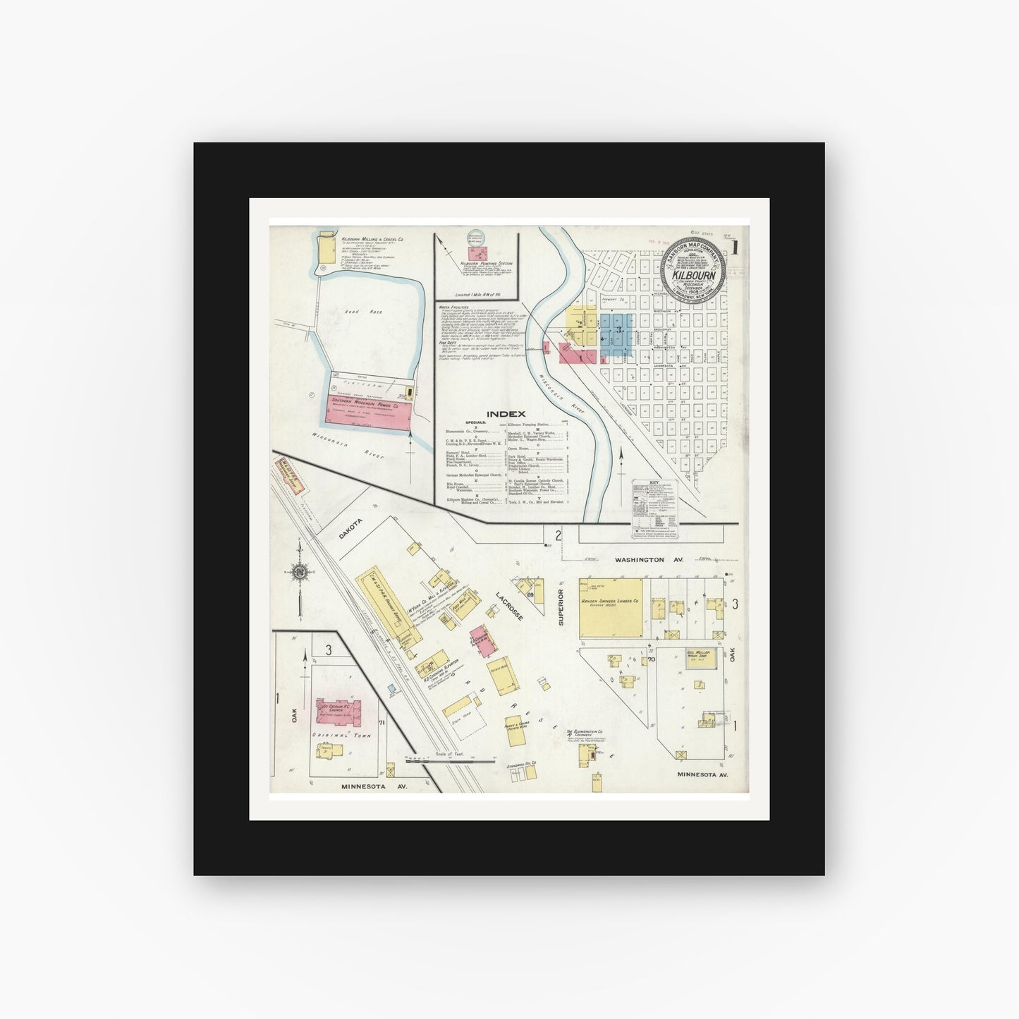 Old map wall art mockup β black gallery frame with white mat β Sanborn Fire Insurance Map from Kilbourn, Columbia County, Wisconsin (1909) - Complete Map Set