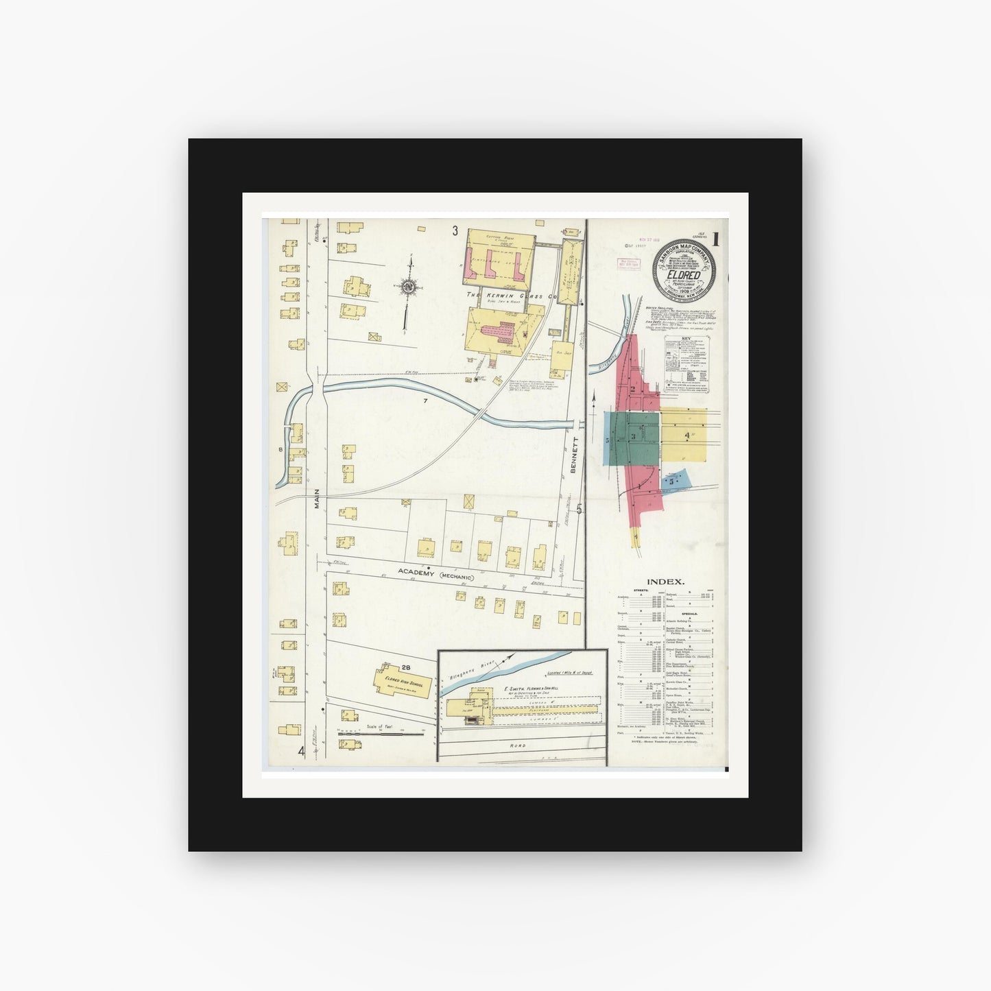 Old map wall art mockup — black gallery frame with white mat — Sanborn Fire Insurance Map from Eldred, McKean County, Pennsylvania (1909) - Complete Map Set