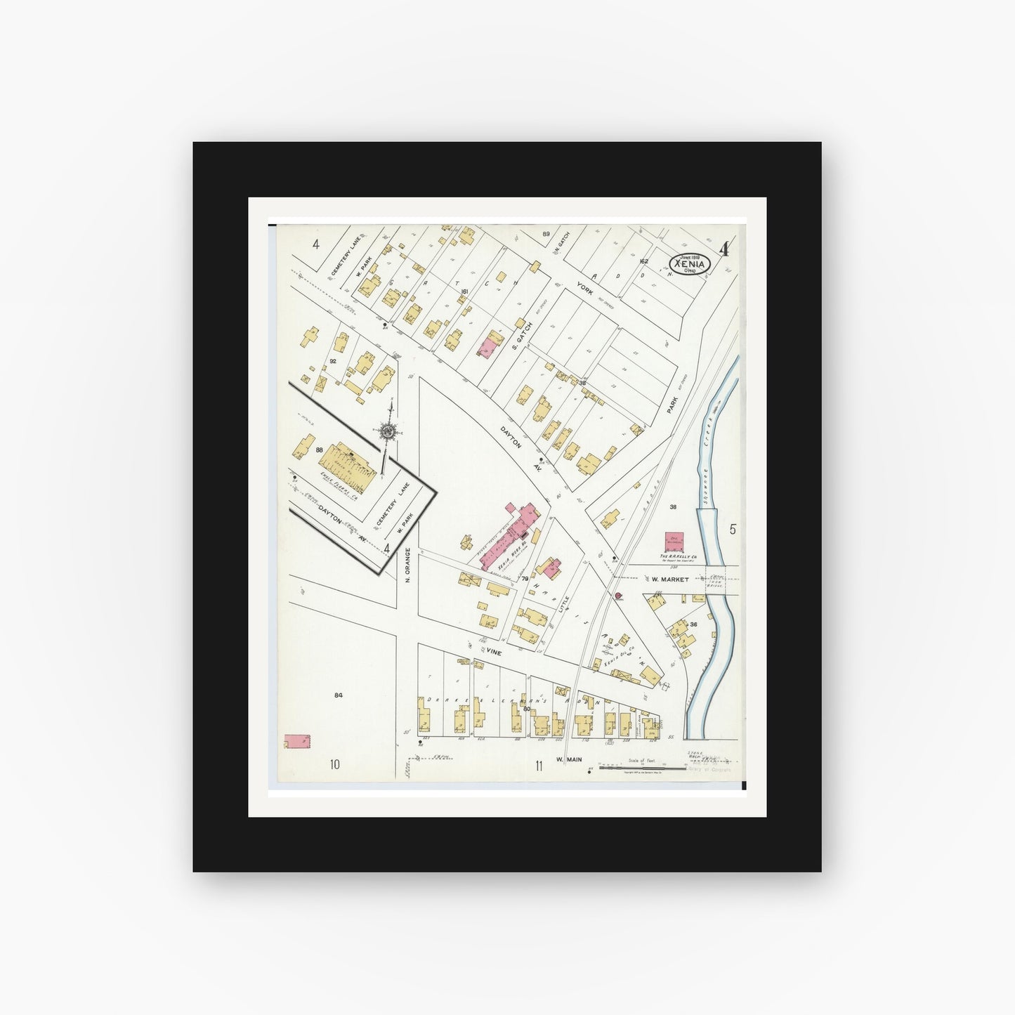 Old map wall art mockup — black gallery frame with white mat — Sanborn Fire Insurance Map from Xenia, Greene County, Ohio (1919), Sheet #0004