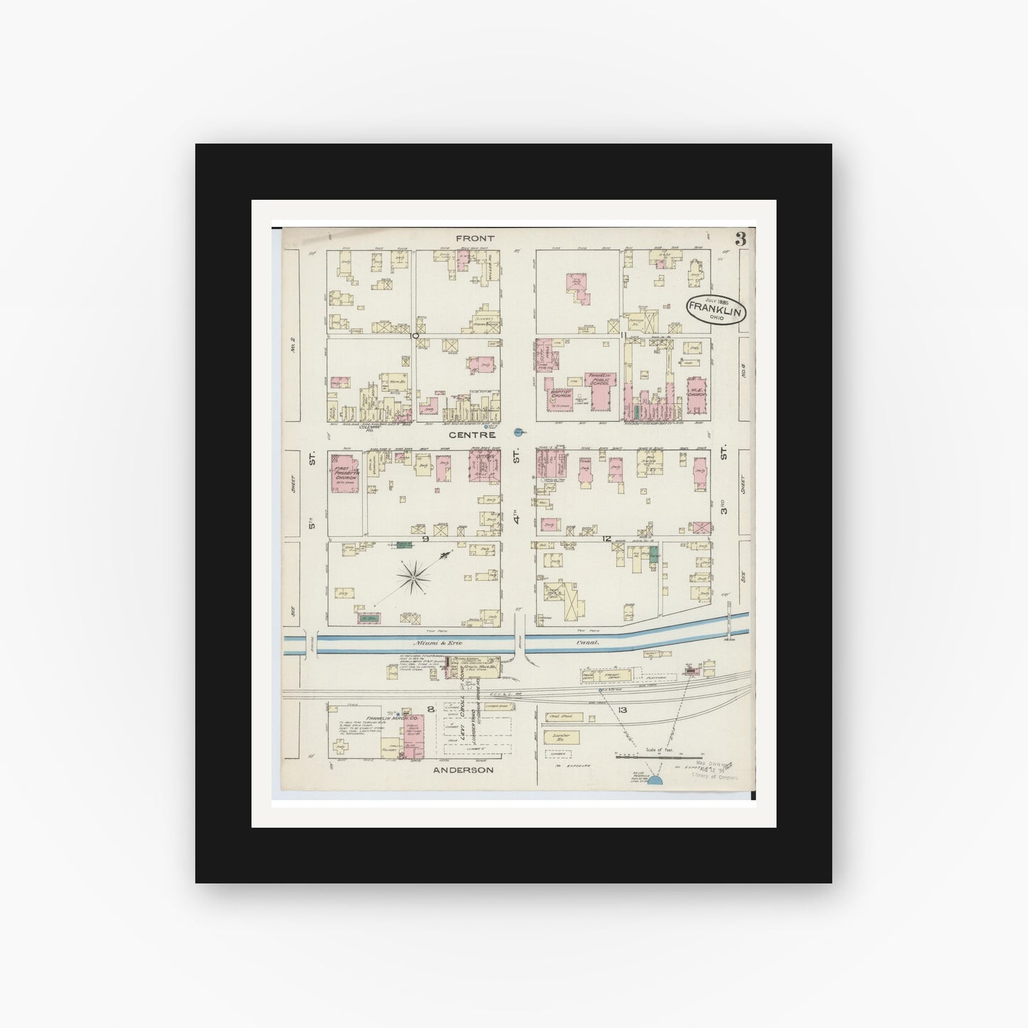 Old map wall art mockup — black gallery frame with white mat — Sanborn Fire Insurance Map from Franklin, Warren County, Ohio (1885), Sheet #0003