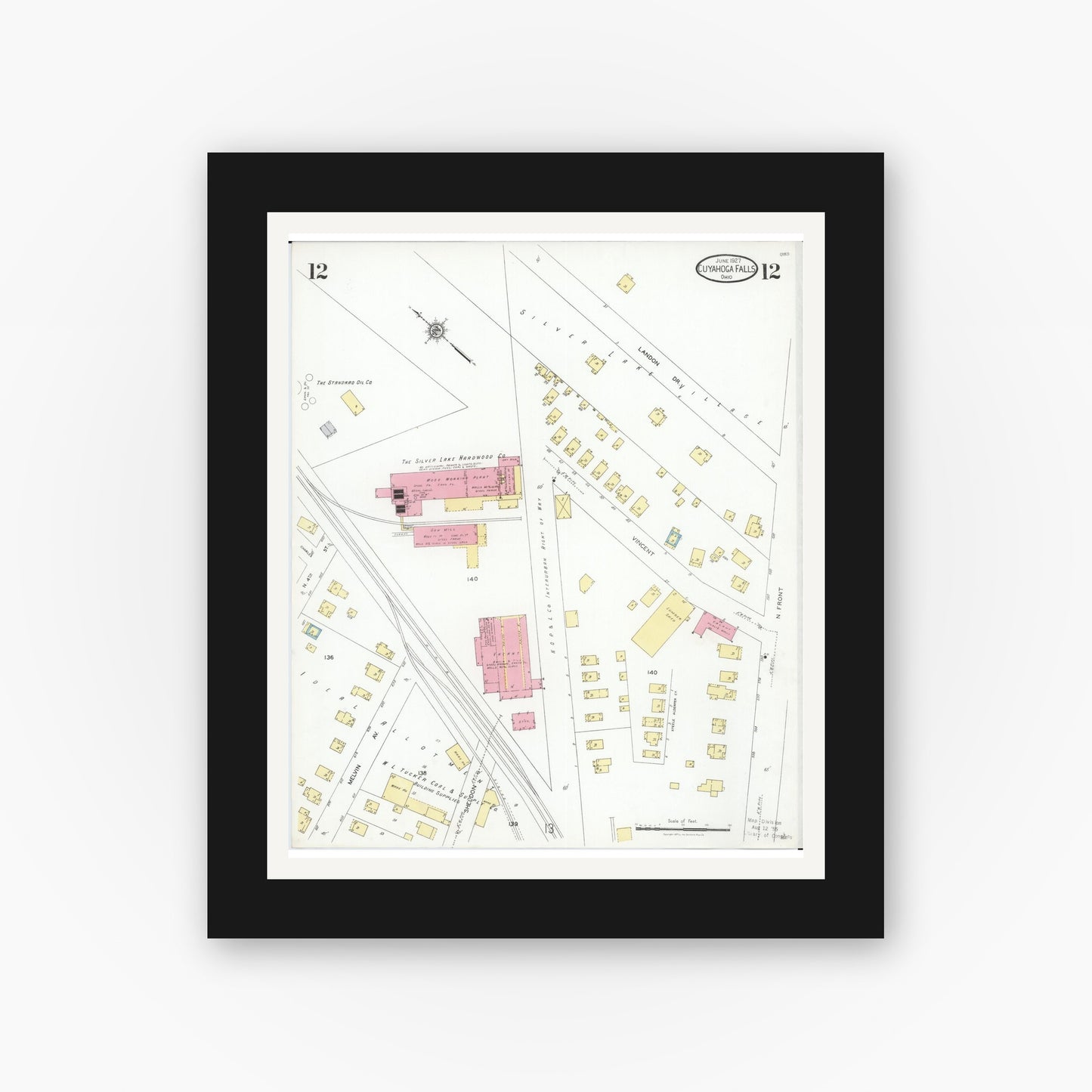 Old map wall art mockup — black gallery frame with white mat — Sanborn Fire Insurance Map from Cuyahoga Falls, Summit County, Ohio (1927), Sheet #0012