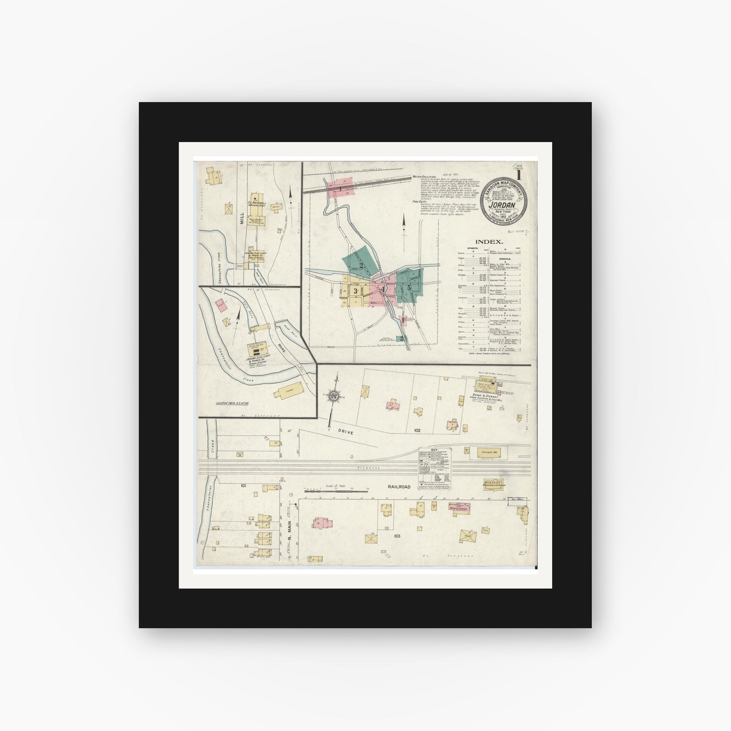 Old map wall art mockup — black gallery frame with white mat — Sanborn Fire Insurance Map from Jordan, Onondaga County, New York (1912), Sheet #0001