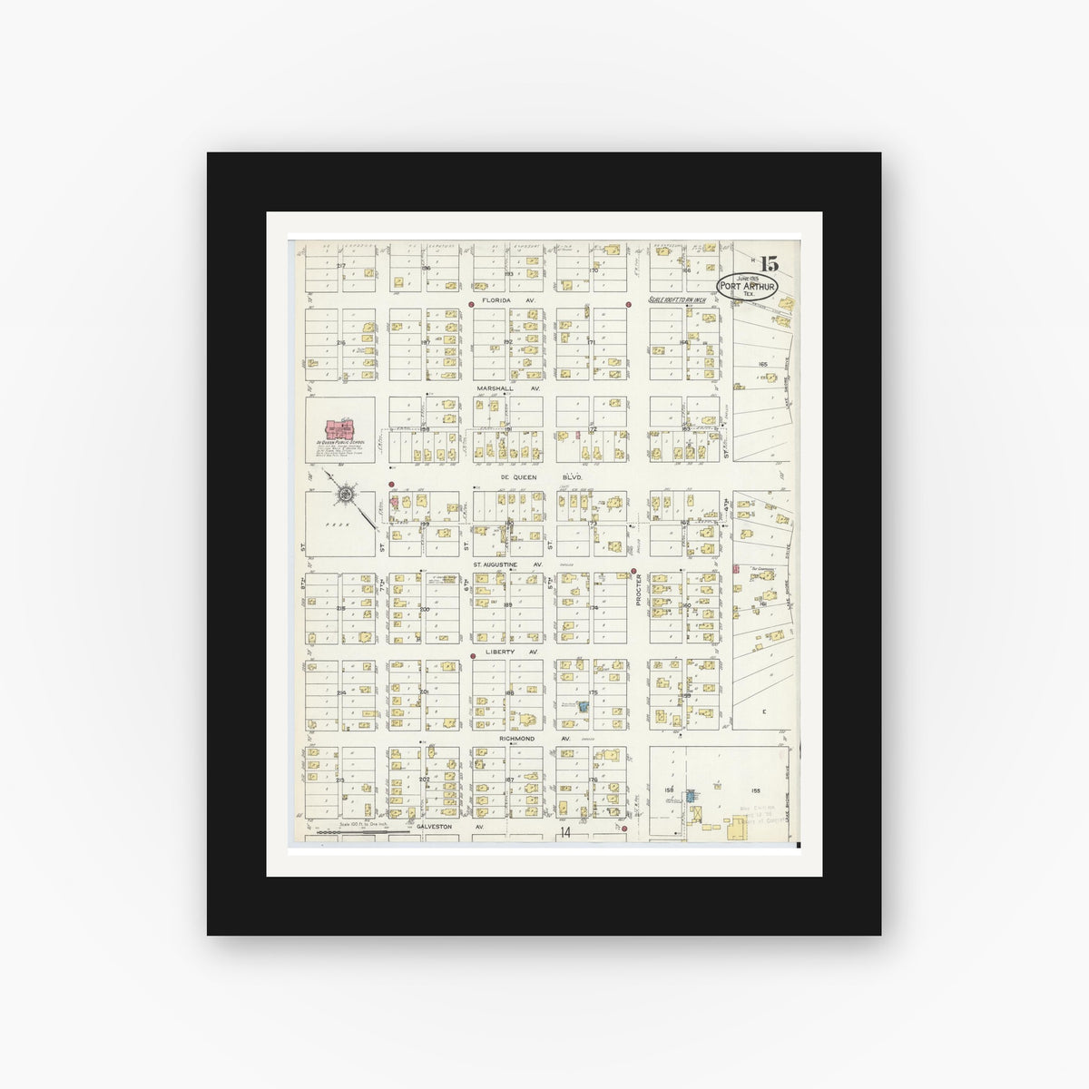 Old map wall art mockup — black gallery frame with white mat — Sanborn Fire Insurance Map from Port Arthur, Jefferson County, Texas (1915), Sheet #0015