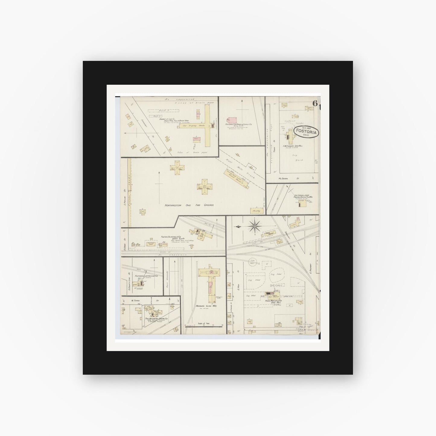 Old map wall art mockup — black gallery frame with white mat — Sanborn Fire Insurance Map from Fostoria, Seneca, Hancock, And Wood Counties, Ohio (1887), Sheet #0006