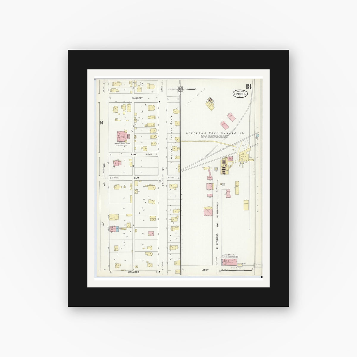 Old map wall art mockup — black gallery frame with white mat — Sanborn Fire Insurance Map from Lincoln, Logan County, Illinois (1914), Sheet #0018