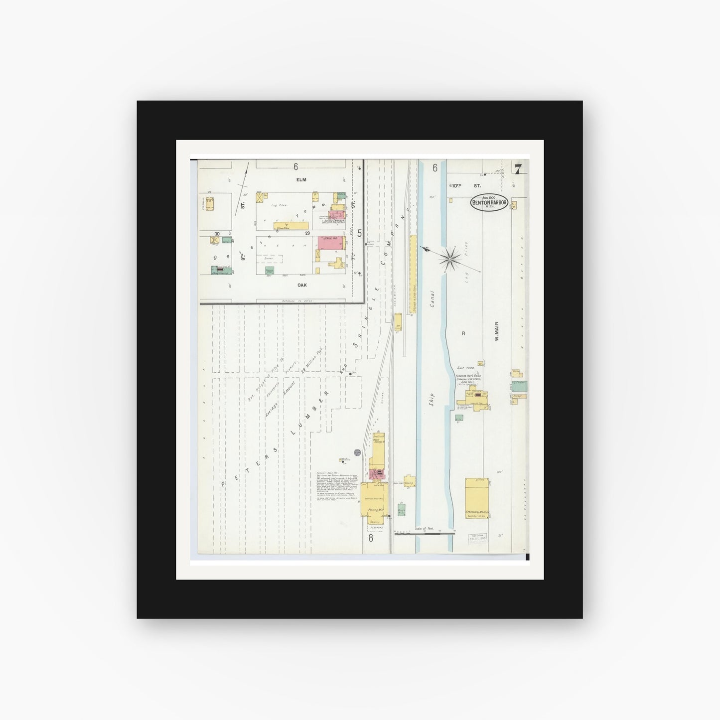 Old map wall art mockup — black gallery frame with white mat — Sanborn Fire Insurance Map from Benton Harbor, Berrien County, Michigan (1900), Sheet #0007