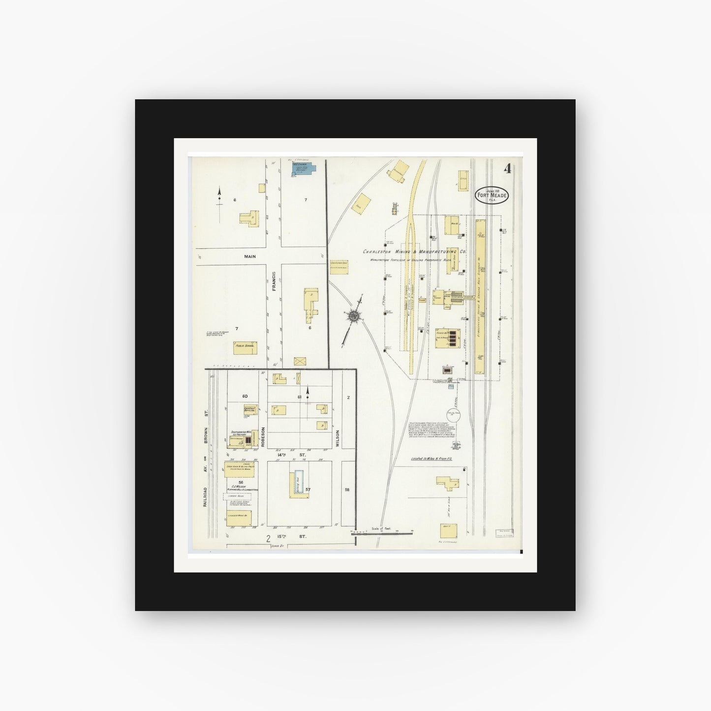 Old map wall art mockup — black gallery frame with white mat — Sanborn Fire Insurance Map from Fort Meade, Polk County, Florida (1911), Sheet #0004