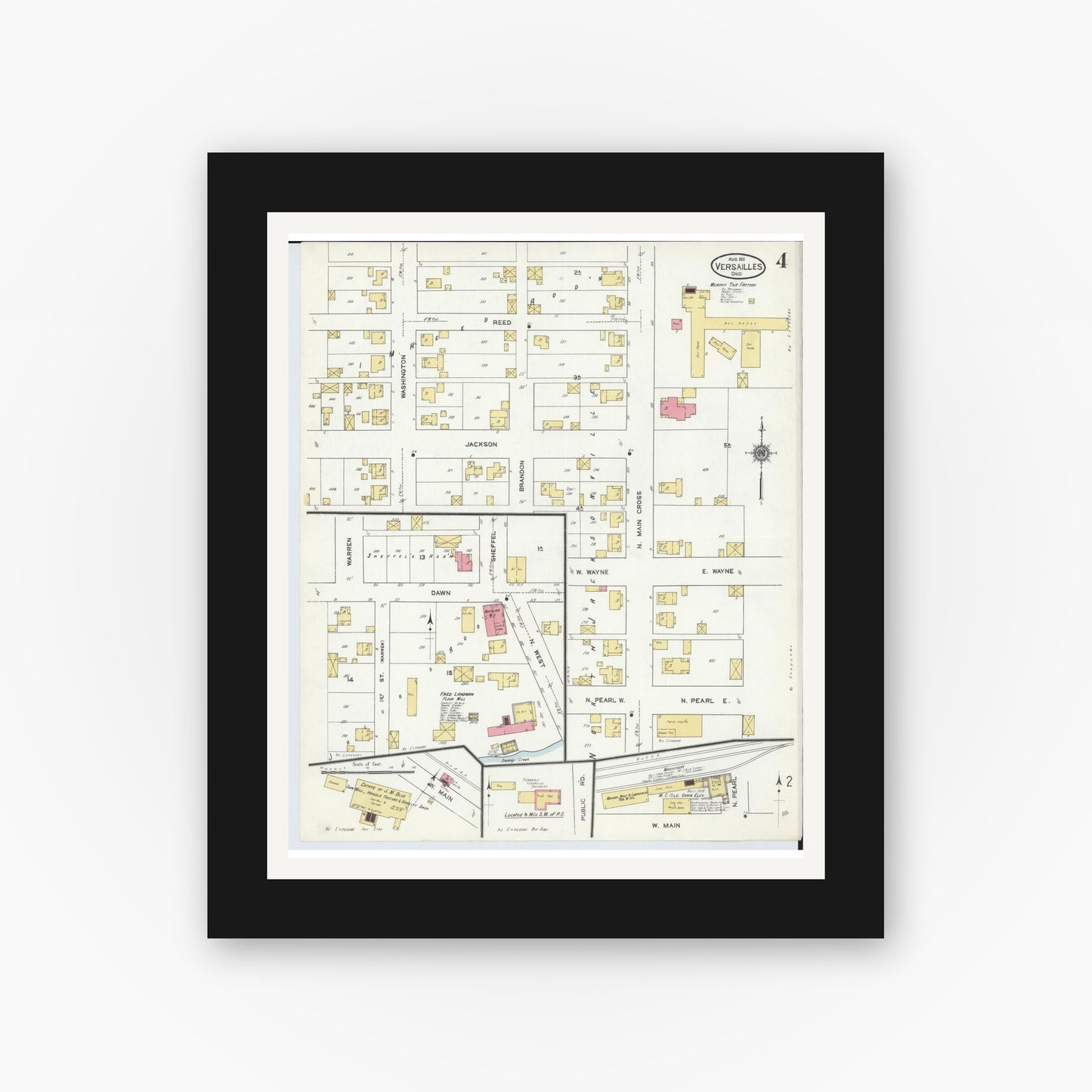 Old map wall art mockup — black gallery frame with white mat — Sanborn Fire Insurance Map from Versailles, Darke County, Ohio (1911), Sheet #0004