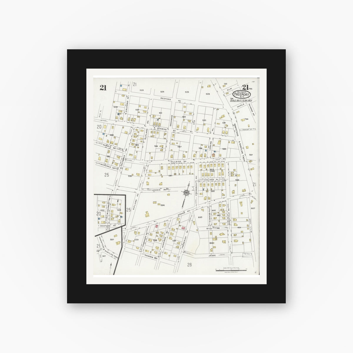 Old map wall art mockup — black gallery frame with white mat — Sanborn Fire Insurance Map from Freeport, Nassau County, New York (1925), Sheet #0021