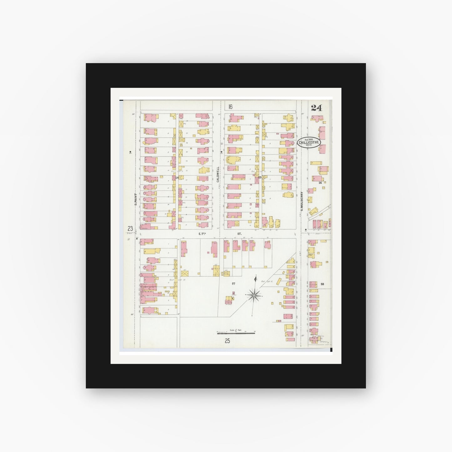 Old map wall art mockup — black gallery frame with white mat — Sanborn Fire Insurance Map from Chillicothe, Ross County, Ohio (1900), Sheet #0024