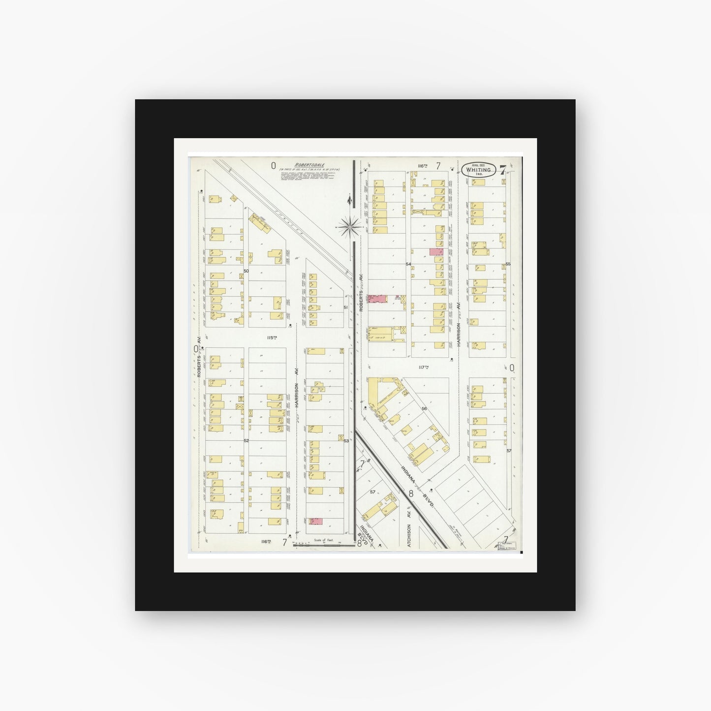 Old map wall art mockup — black gallery frame with white mat — Sanborn Fire Insurance Map from Whiting, Lake County, Indiana (1901), Sheet #0007