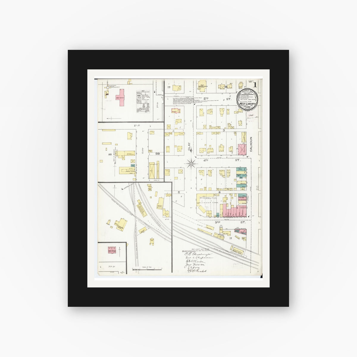 Old map wall art mockup — black gallery frame with white mat — Sanborn Fire Insurance Map from West Liberty, Muscatine County, Iowa (1893), Sheet #0001