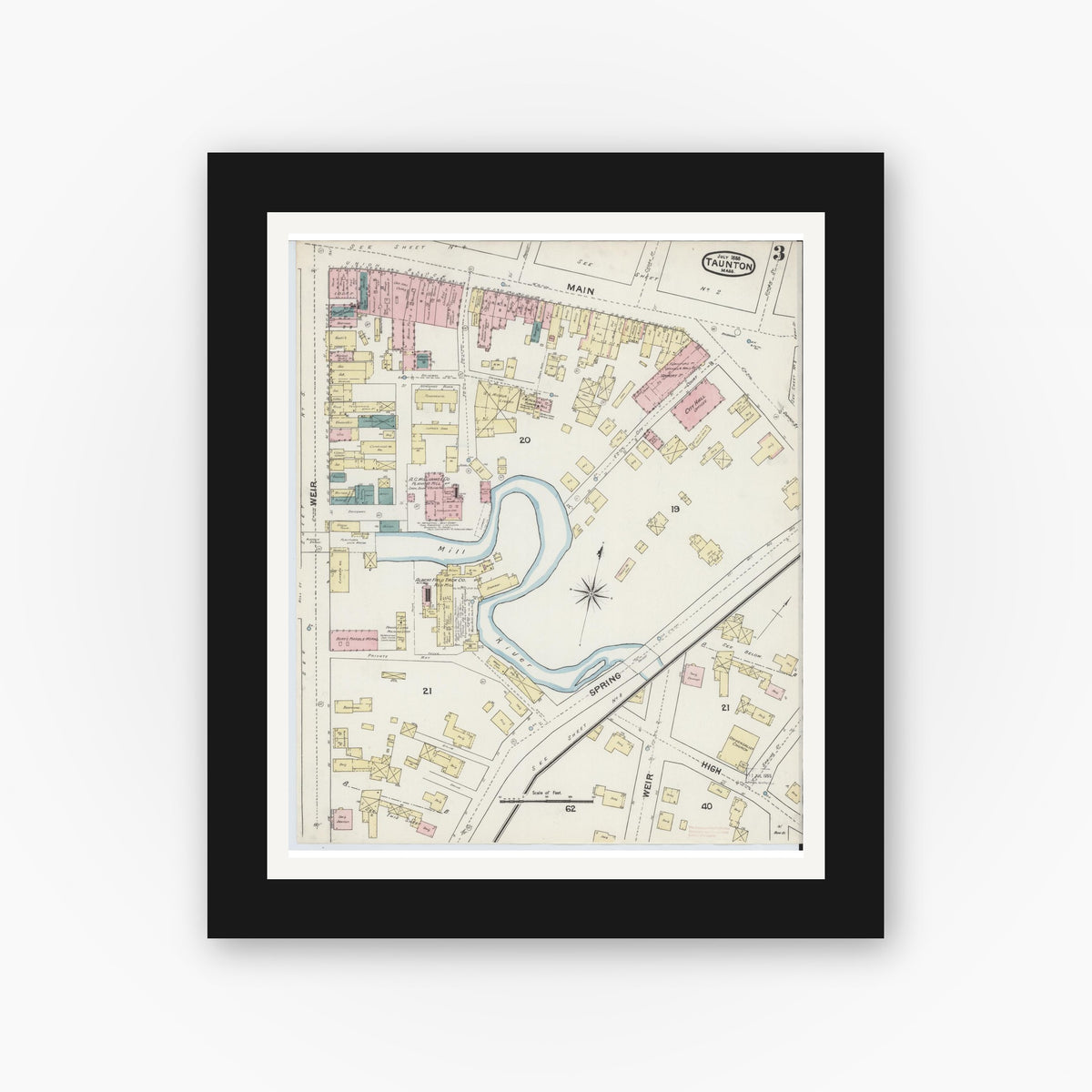 Old map wall art mockup — black gallery frame with white mat — Sanborn Fire Insurance Map from Taunton, Bristol County, Massachusetts (1888), Sheet #0003