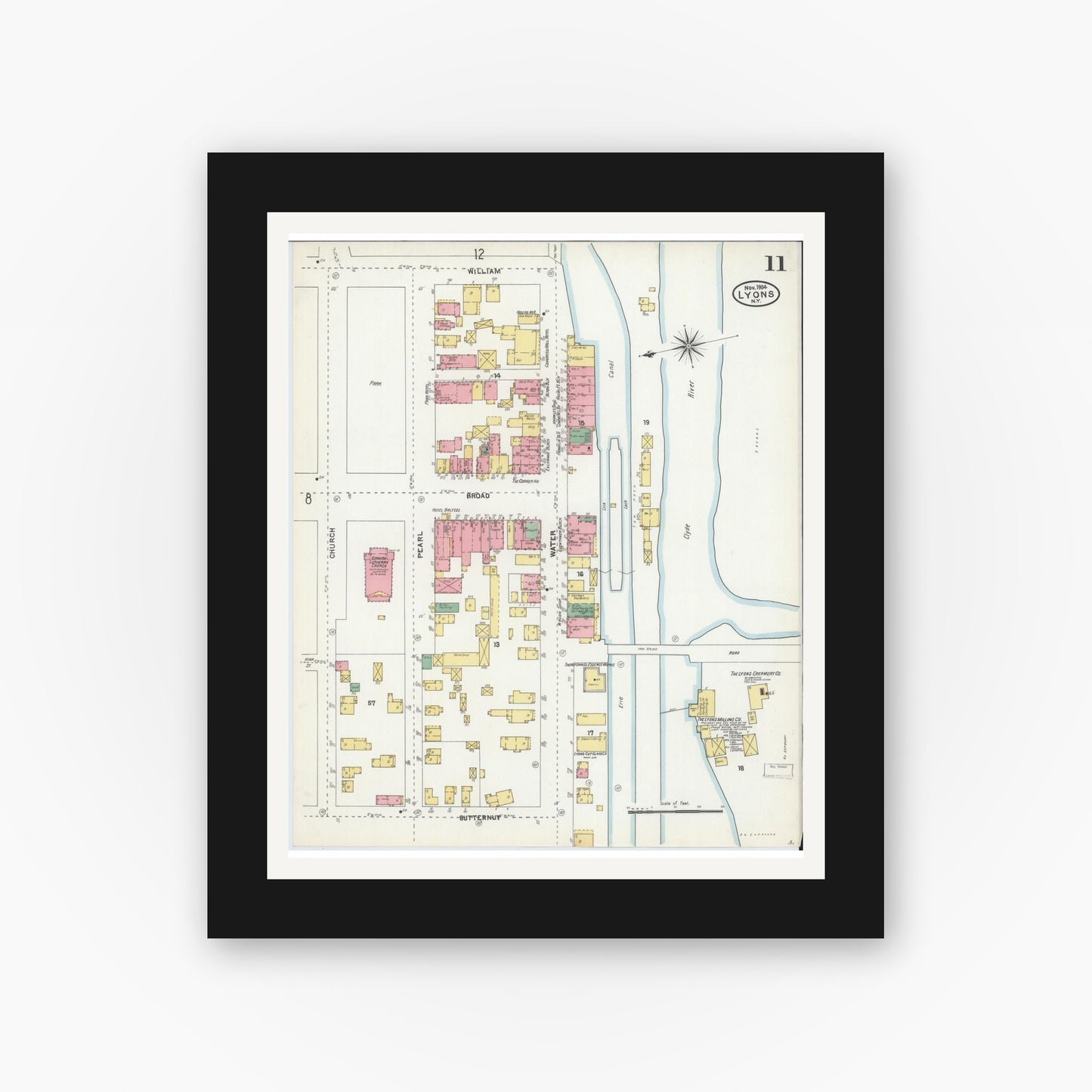 Old map wall art mockup — black gallery frame with white mat — Sanborn Fire Insurance Map from Lyons, Wayne County, New York (1904), Sheet #0011