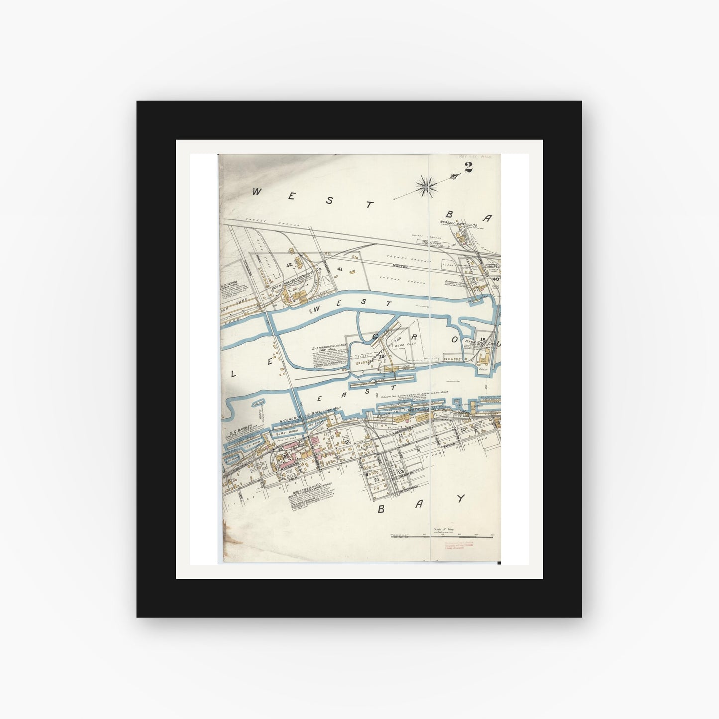Old map wall art mockup — black gallery frame with white mat — Sanborn Fire Insurance Map from Bay City, Bay County, Michigan (1895), Sheet #0002