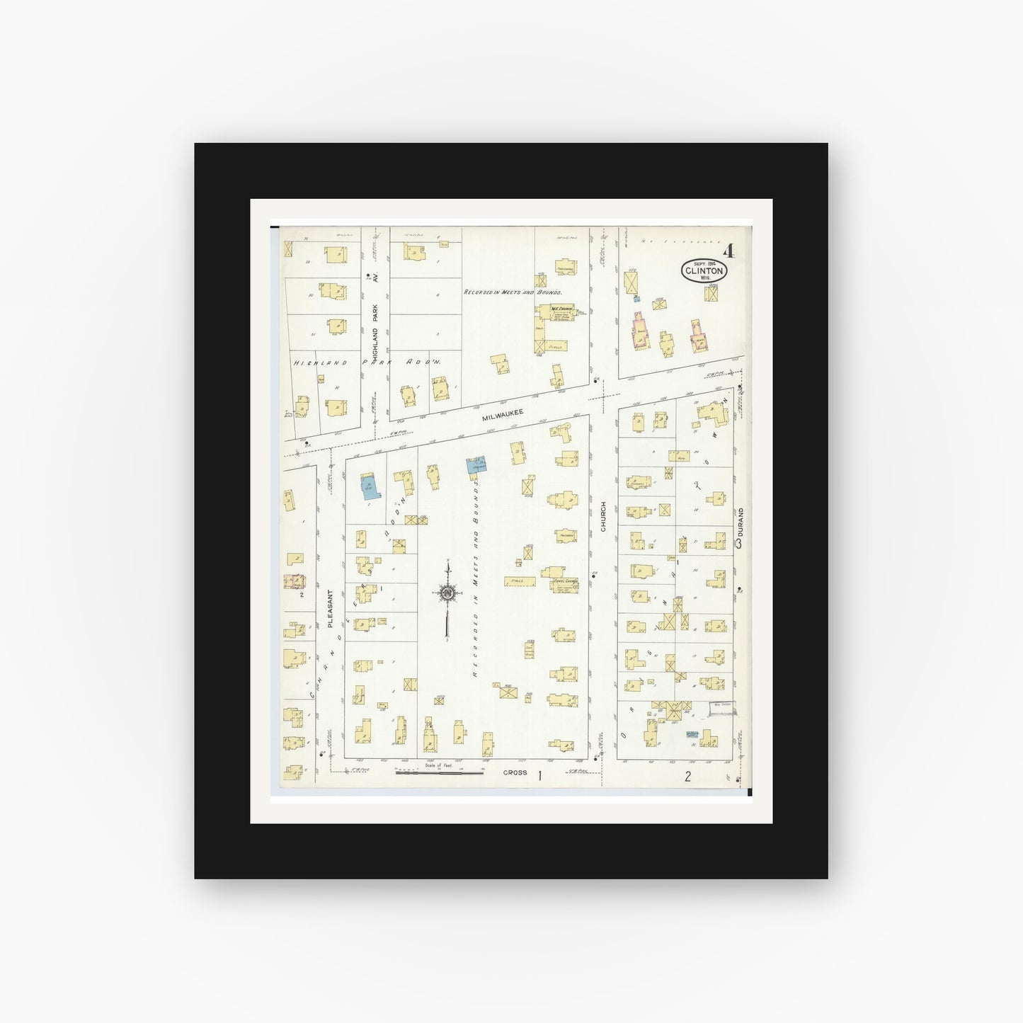 Old map wall art mockup — black gallery frame with white mat — Sanborn Fire Insurance Map from Clinton, Rock County, Wisconsin (1914), Sheet #0004