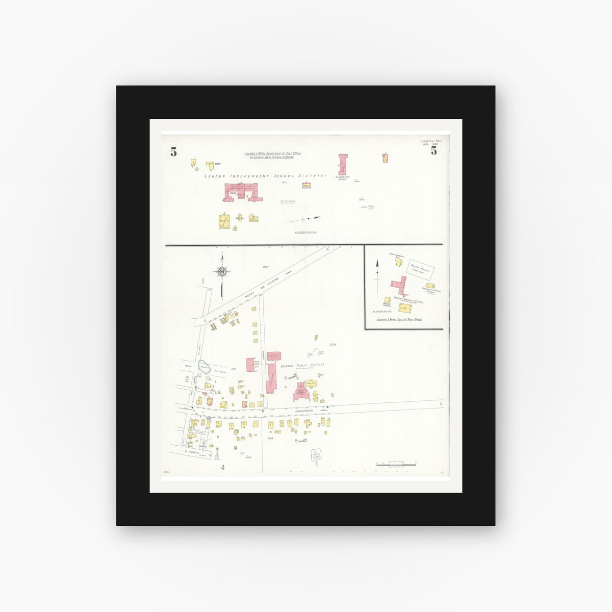 Old map wall art mockup — black gallery frame with white mat — Sanborn Fire Insurance Map from Overton, Rusk County, Texas (1936), Sheet #0005